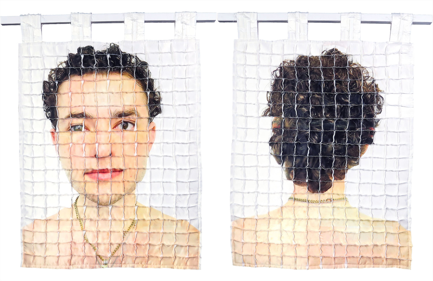 Left: Front side of quilt #4 with the artist's face distorted by a gridded system of seams that are sticking out. Right: Back side of quilt #4 with the back of the artist's head and shoulders distorted by a gridded system of seams that are sticking out.