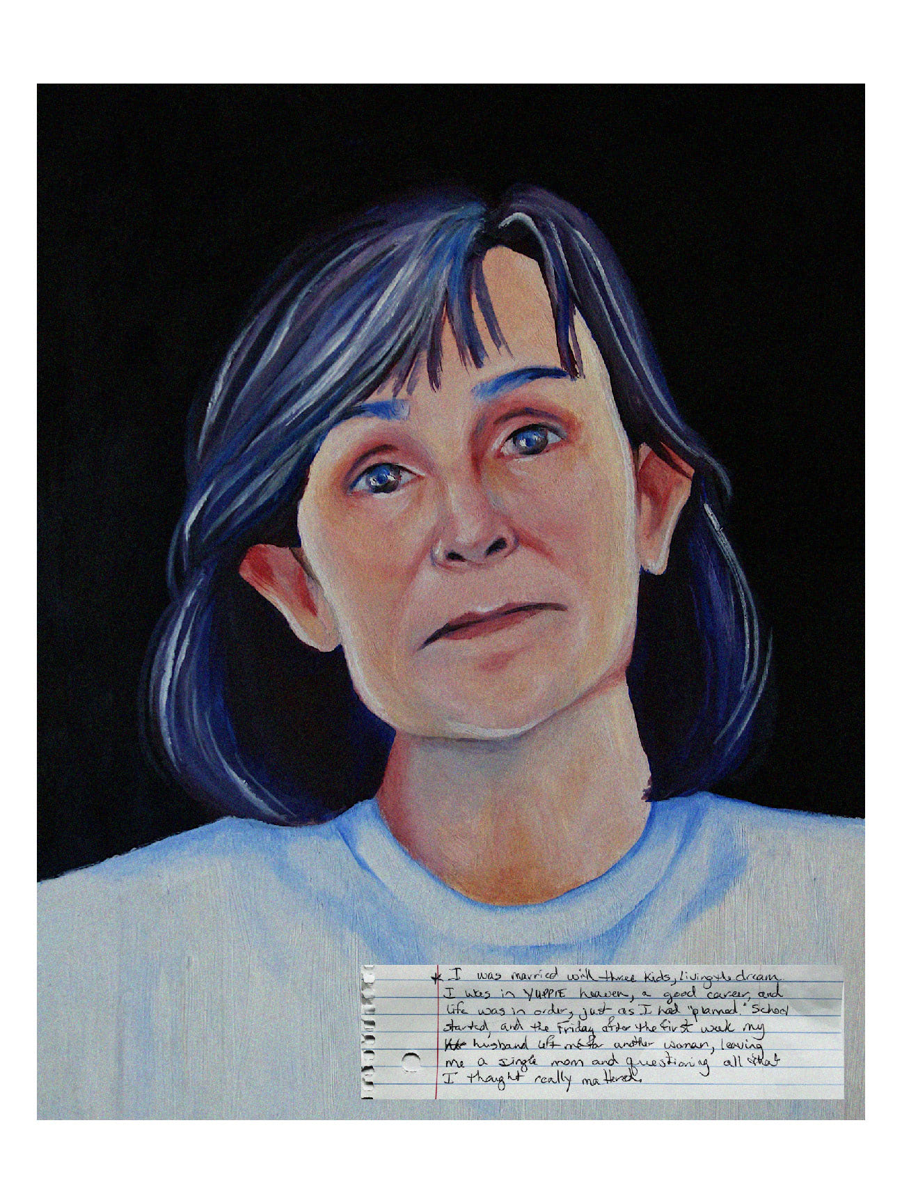 A painting of my mom, a brunette with bangs, looking defeated and resiliently towards the viewer.