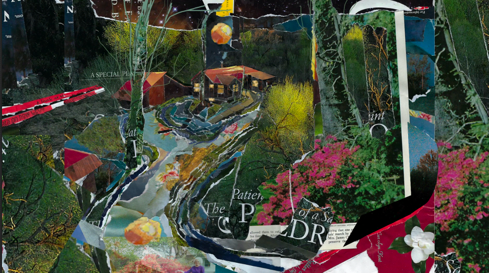 My Grandma (MaMa)'s house. Nighttime, Lots of foliage, the highway to the left. Paper collage