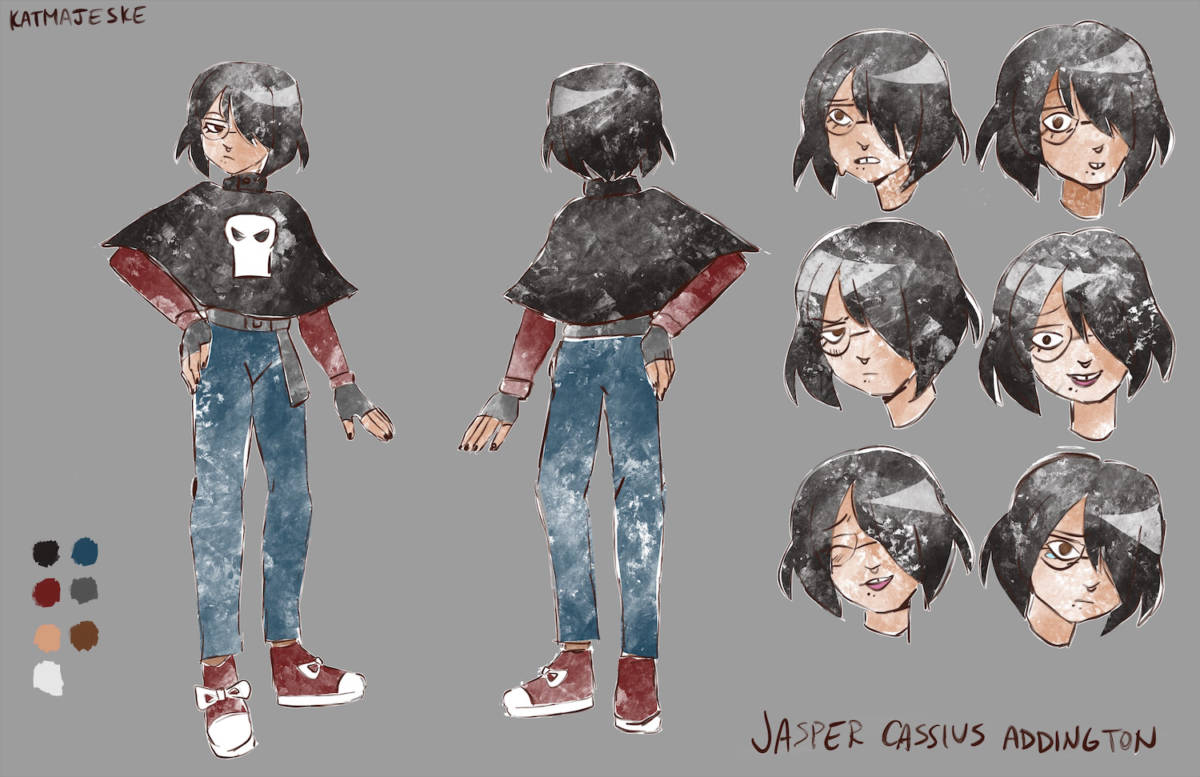 Visual reference for Jasper Cassius Addington, one of the main characters in the McCanney Middle School Anime Club project. One of the edgier members of the club, Jasper wears a short black cape with a skull on it. He also wears blue skinny jeans and red sneakers.