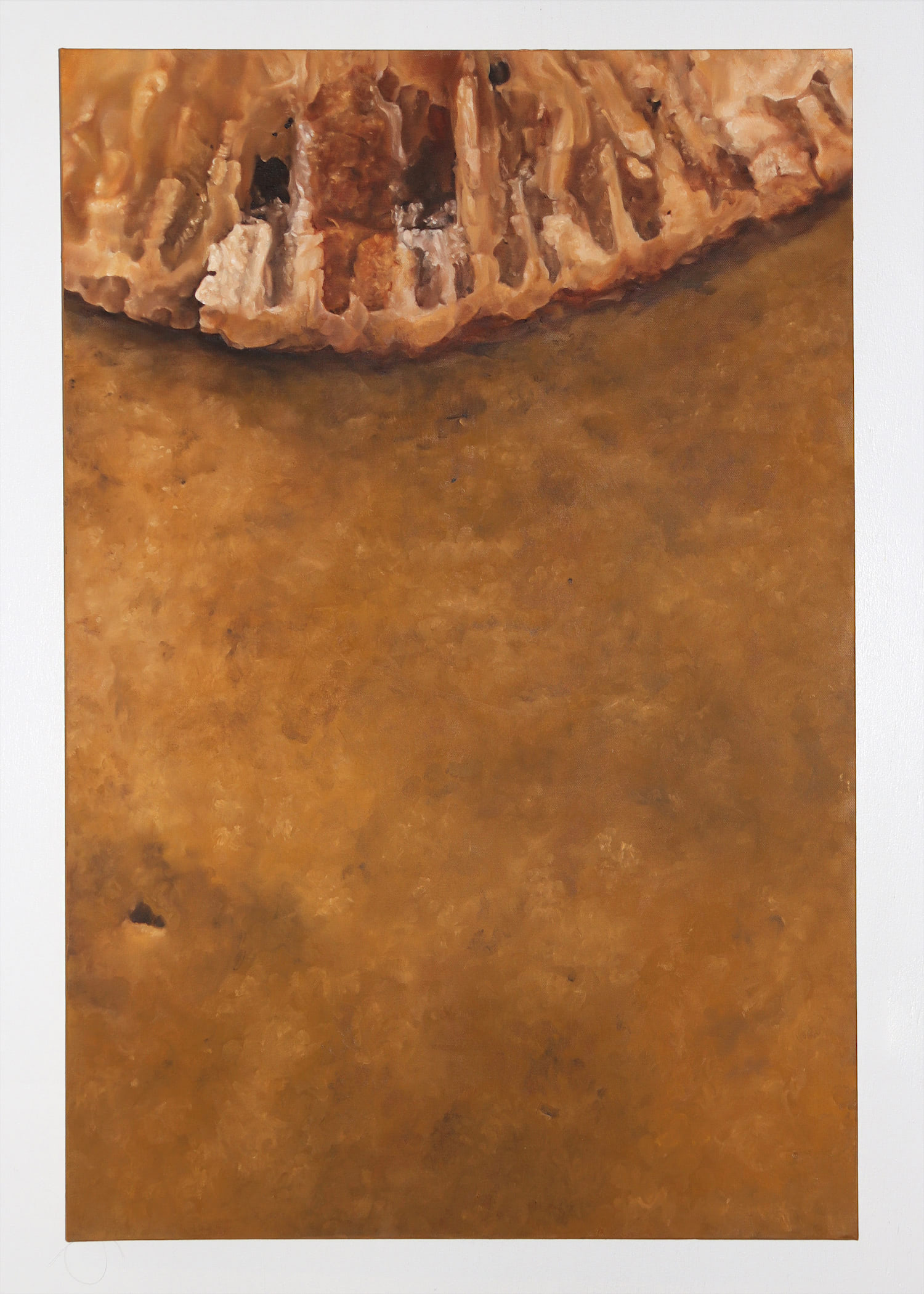 A fragment of a Horn Coral fossil embedded in a yellow colored rock painted on a vertical, rectangular canvas.