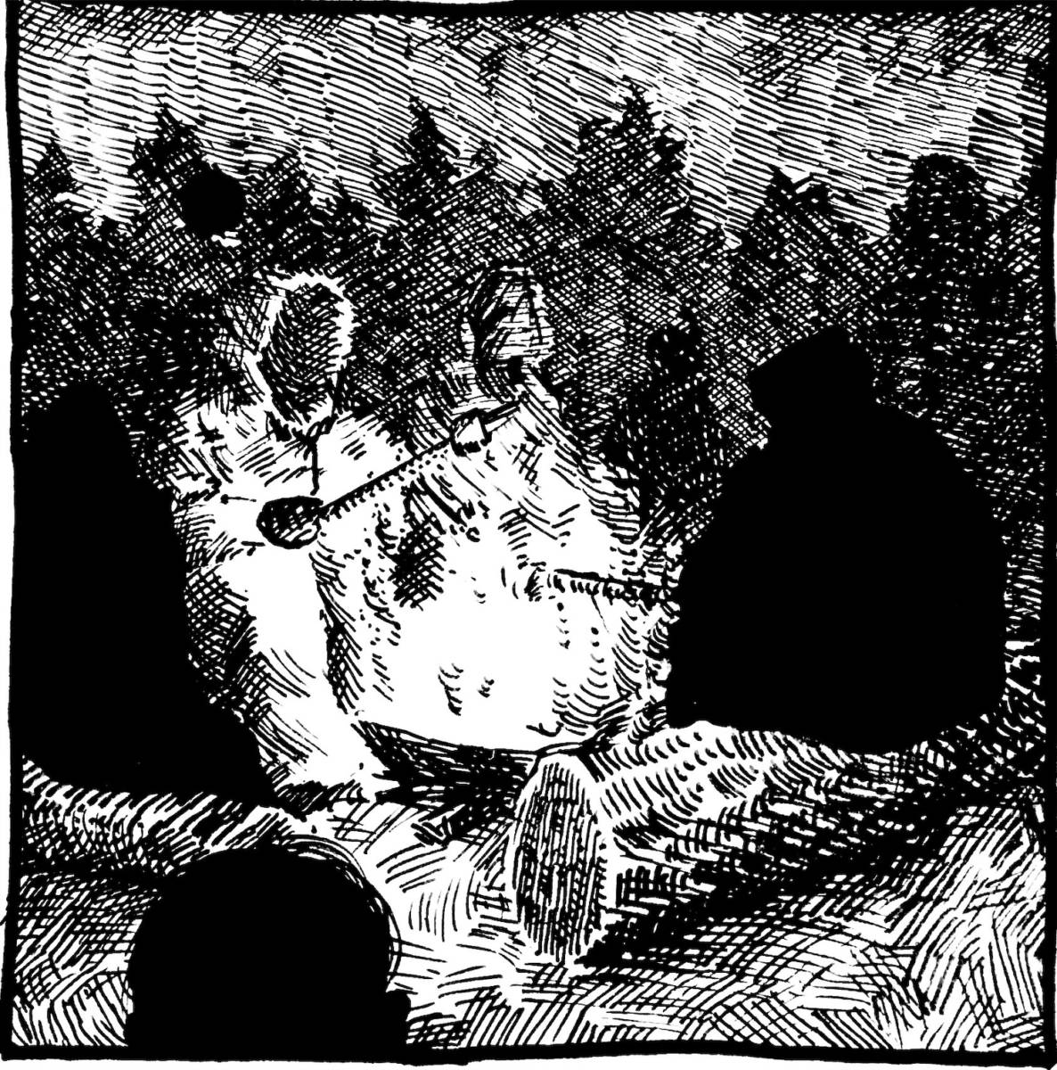 A square pen-and-ink crosshatching illustration of four figures seated on logs around an outdoor campfire.