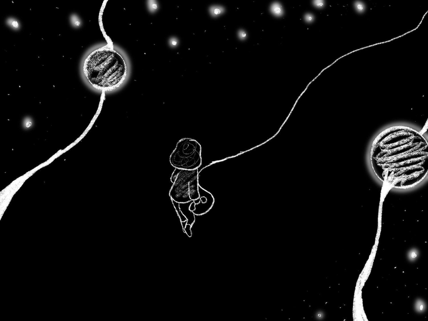 A young woman walking through darkness surrounded my glowing white dots and strings resembling stars