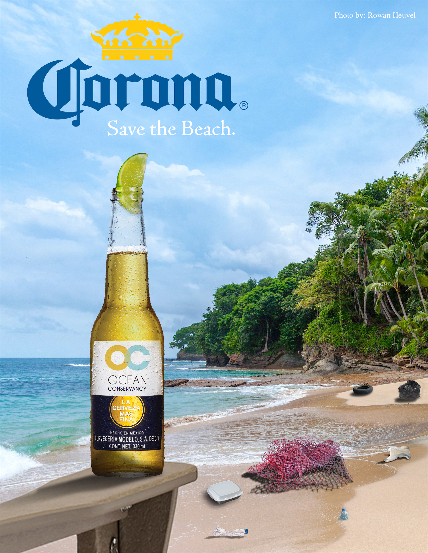 A Corona Extra full-page magazine advertisement that has been partnered with Ocean Conservancy. It is a bottle on the arm of an Adirondack chair overlooking a beach covered in ocean trash and plastic waste.