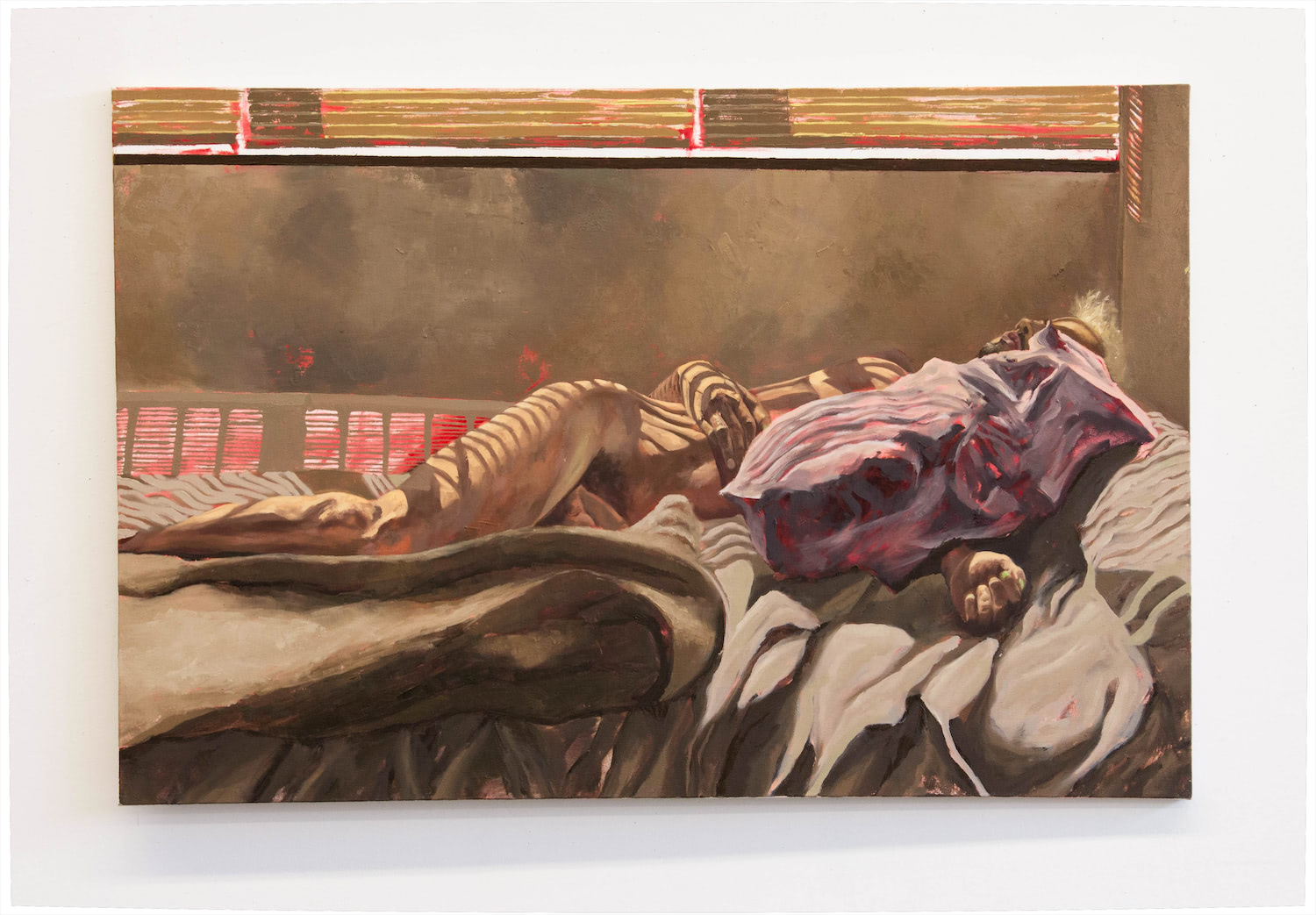 This image depicts a figurative oil painting of the artist himself.  In this horizontal painting, a man lies fully in the nude with his face covered by a pillow. The angle is straight on, raising questions of voyeurism, yet the pose is one of sensuality. Similar to the previous two images, deep reds from the underpainting are present throughout.