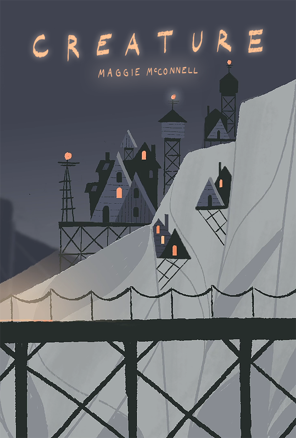 The film poster. A train on an elevated, stilted platform passes through the mountains. Above the train, in the mountains, four houses sit on stilts. They have telephone towers that are lit up in the night. The title,