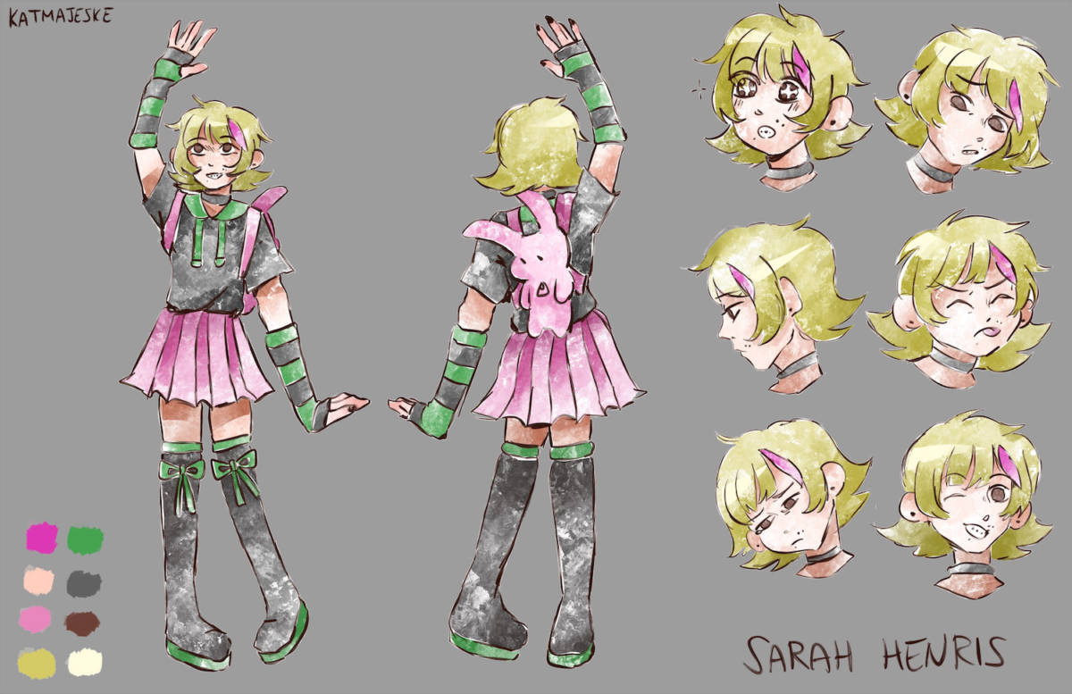 Visual reference for Sarah Henris, one of the main characters in the McCanney Middle School Anime Club project. She has a blonde bob and streaks of pink in her hair reminiscent of mid 2000s scene culture. Her backpack looks like a small pink rabbit.