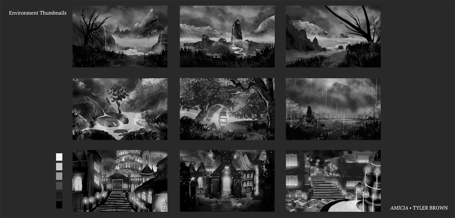 ID: Nine monochromatic environment thumbnail illustrations are aligned in a 3x3 grid on a dark gray background. Each one shows a different environment for the game Amicia. The first three depict mountains, valleys, and waterfalls. The second three depict a river, a forest, and a grassy plain during a rainstorm. The final three depict different areas in the City Blackbell.

End ID.