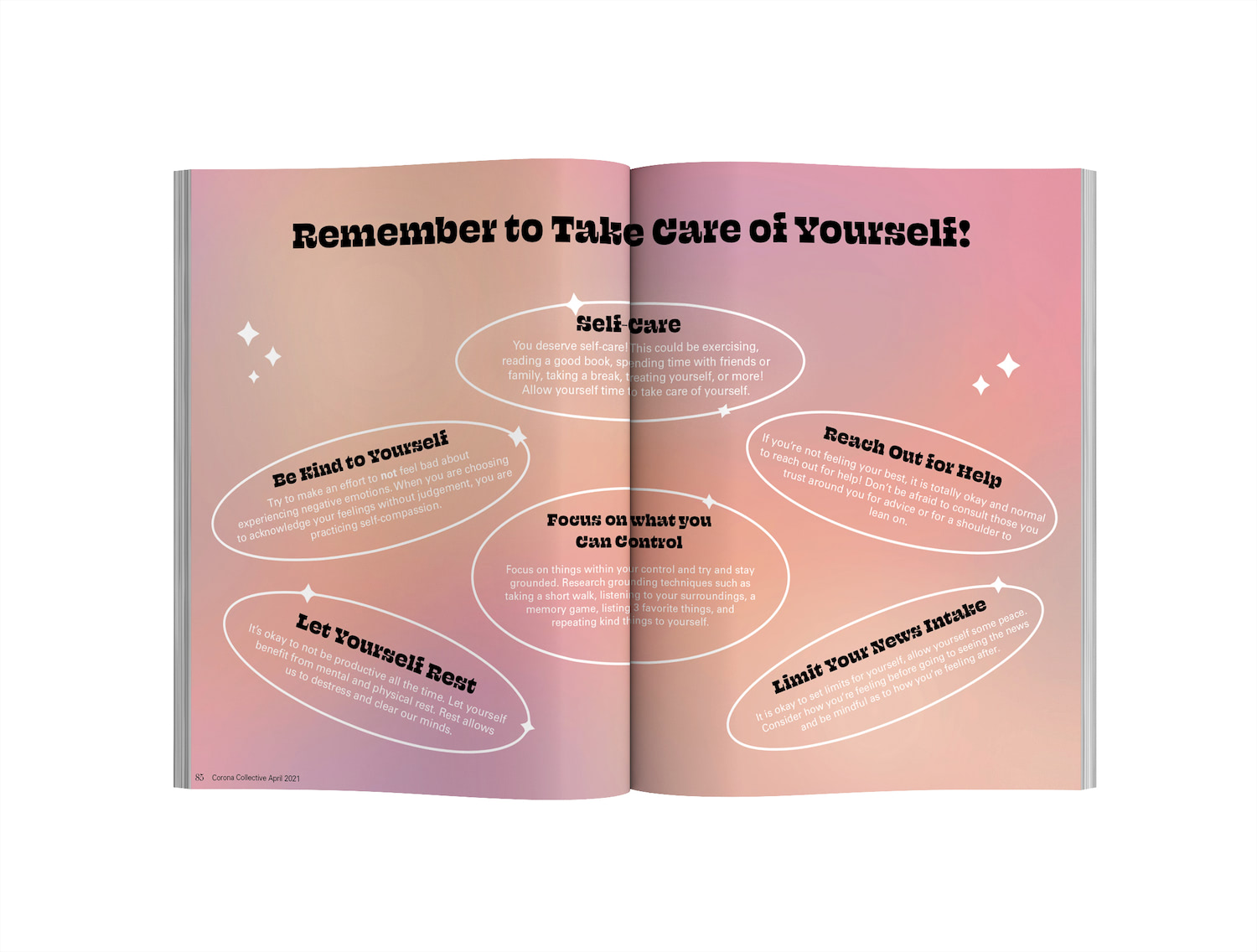 The background is a pink to yellow to purple gradient and it is smooth and calming. The white and black text on top of this gives advice on ways to take care of your mental health during Covid-19 and there are also small graphic sparkling diamonds surrounding the text.