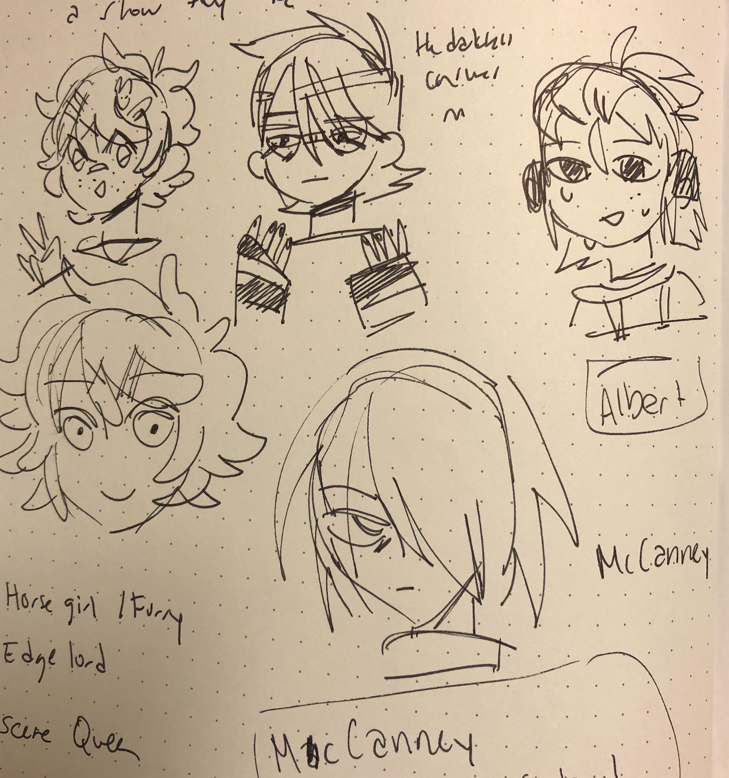 These are sketches to plan out the characters in McCanney Middle School Anime Club. This page featured explorations of the hairstyles for Sarah, Jasper, and Caroline. Caroline is shown with her bangs pinned back into a messy ponytail and Sarah is drawn with many decorative hair clips in her hair. Jasper's bangs are shorter to reveal his eyes.