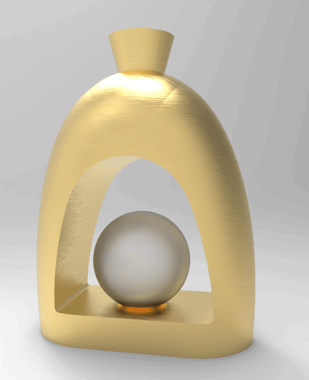 It shows the device on a gold vase-like object that has a hollow center. The sphere device is turning on and off in the image.