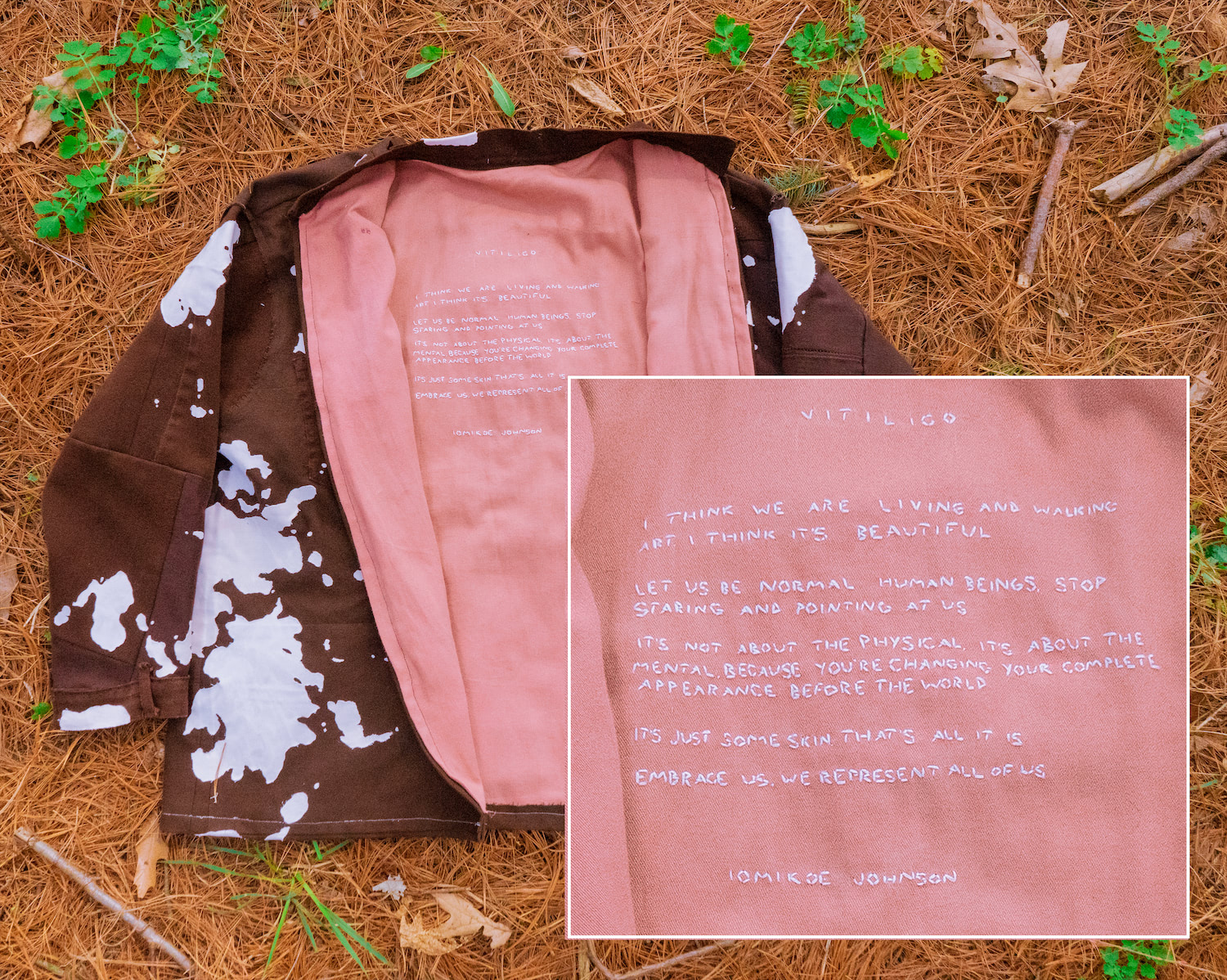 Vitiligo jacket, placed on the ground, partially opened