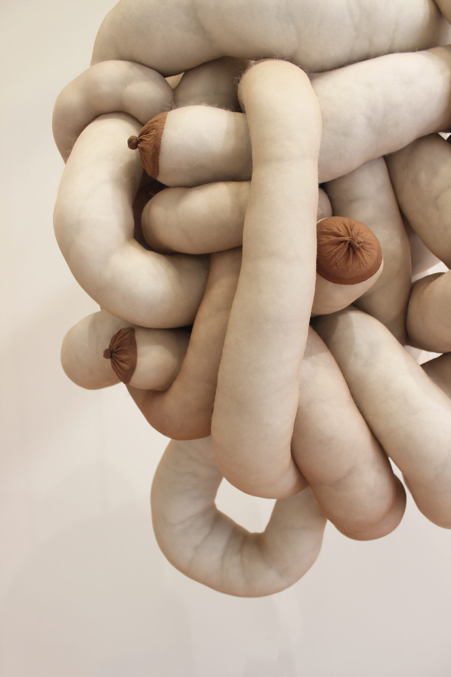 A close-up image of the knotted soft sculpture. It shows the ripples on the nipples, texture from the poly-fil, and curves of the individual soft sculpture forms.
