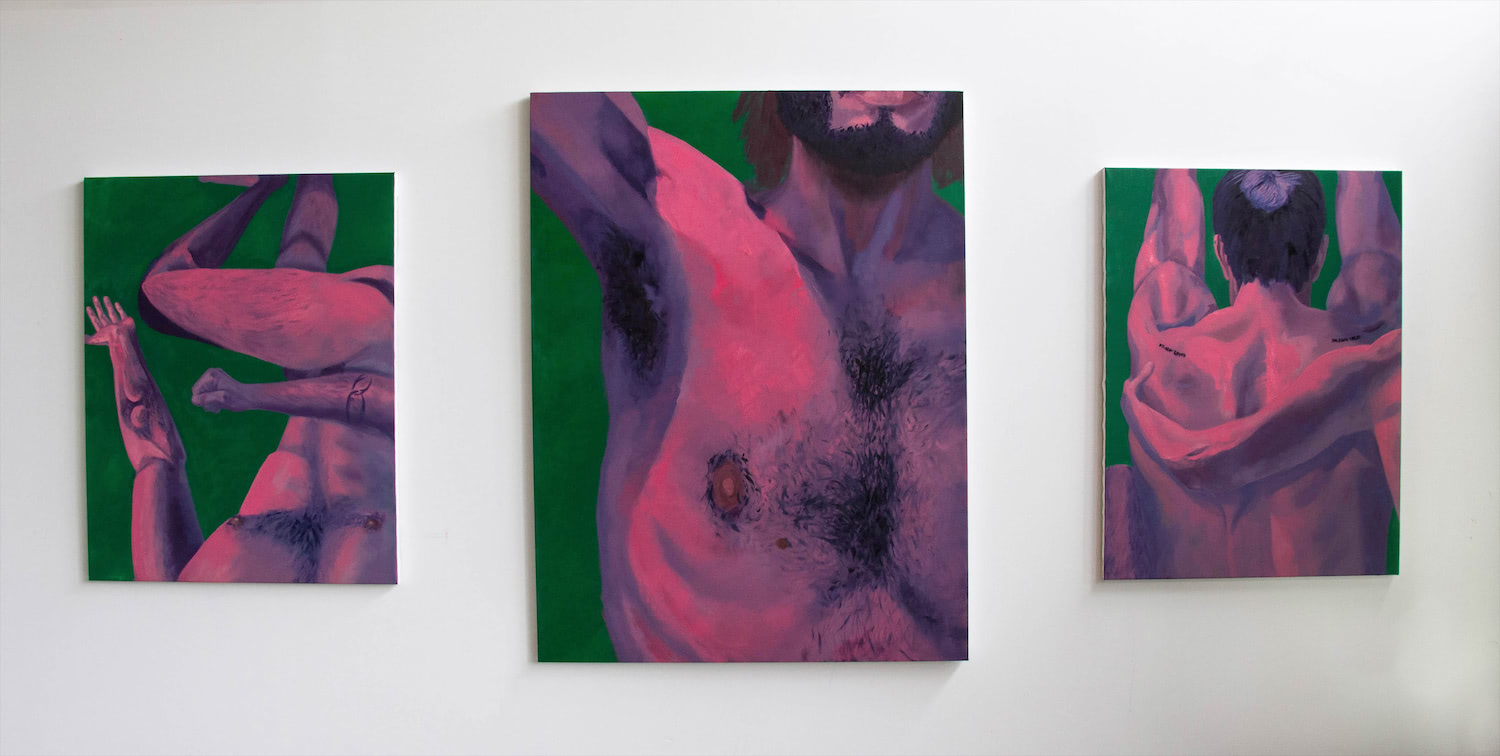 This image displays a series of three large figurative oil paintings, all vertical and beaming with bright colors. The bodies in each are portrayed through pinks and purples, surrounded by a vast, green space. The painting on the left depicts a man's body from his point of view with arms sprawled out. One hand is clenching and the other is open, reaching for something. One leg is crossed over the other which implies a laying position, yet the context of which is absent. A front facing man with his arm reaching upwards fills the majority of the largest painting in the center of the three. The image is cropped just above his armpit, lips, and midsection, displaying an extreme close up of his chest hair, armpit hair, and beard. The painting on the right, almost the exact same size as the leftmost painting, depicts a close up of a man with his arms stretched overhead. The majority of the canvas is filled by the man's back with a leg in the bottom left corner emerging. A mysterious third arm reaches across the man's back and hooks around, almost as if to hug the man with outstretched arms.