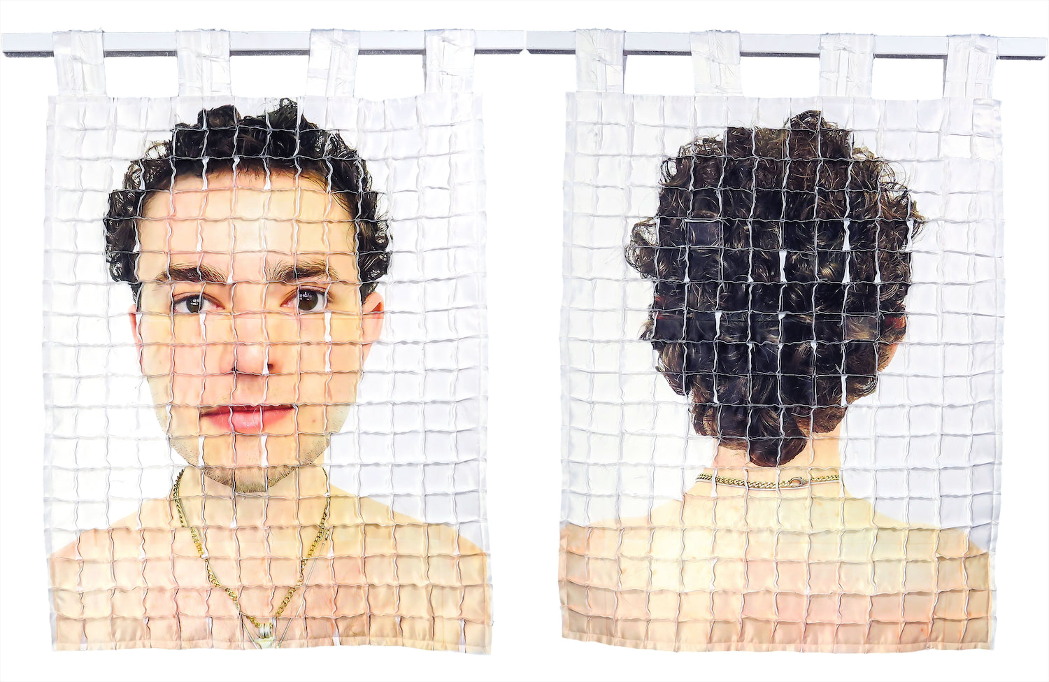 Left: Front side of quilt #2 with the artist's face distorted by a gridded system of seams that are sticking out. Right: Back side of quilt #2 with the back of the artist's head and shoulders distorted by a gridded system of seams that are sticking out.