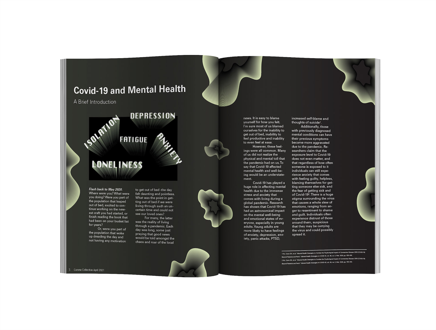 An article written about how Covid-19 has affected mental health with evidence from research. The white text is laid on a gradient dark green to black background with some lighter green organic ribbon shapes floating in the background.