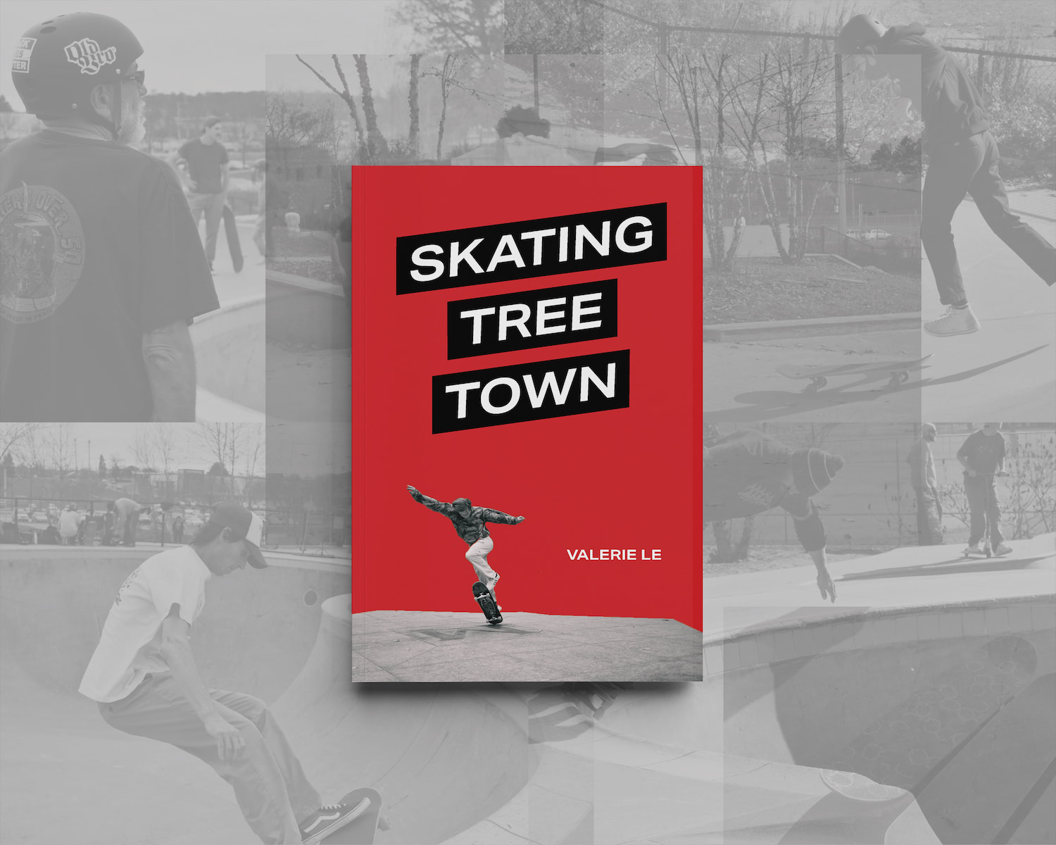 Red Skating Tree Town book set on a black and white collage of skateboarding photos.