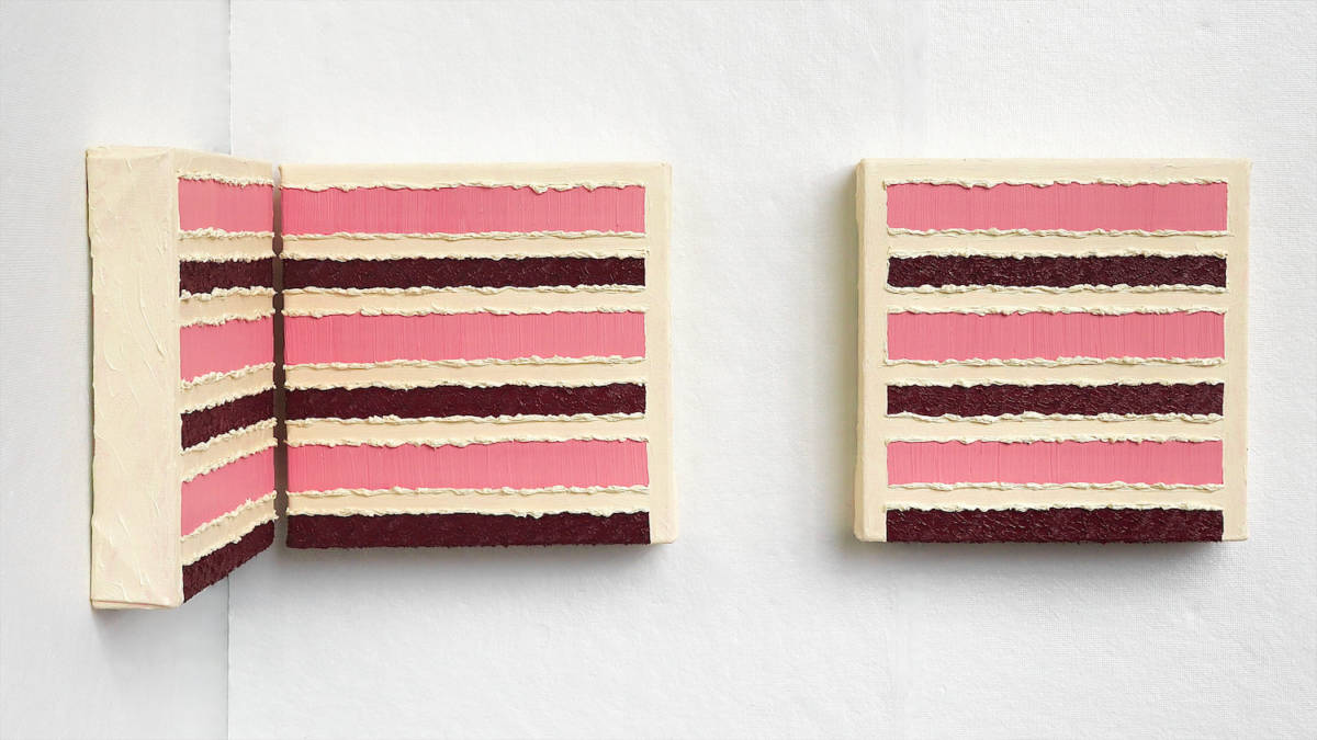 An impasto triptych of a strawberry cake that is installed in the corner
