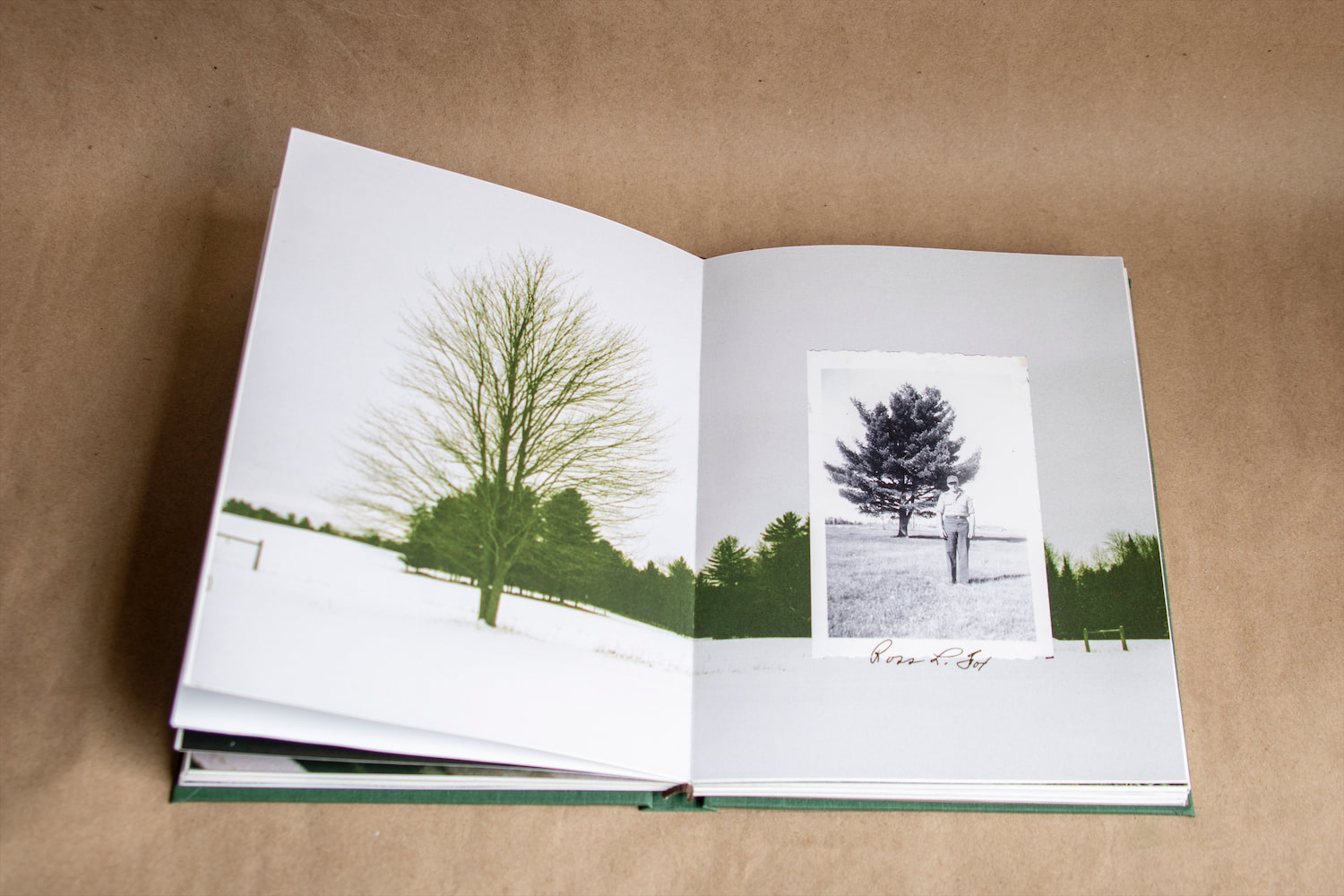 An opened spread of a book showing a photograph of an open field and tree in the background and an old film photograph on the same field on top with handwriting below it.