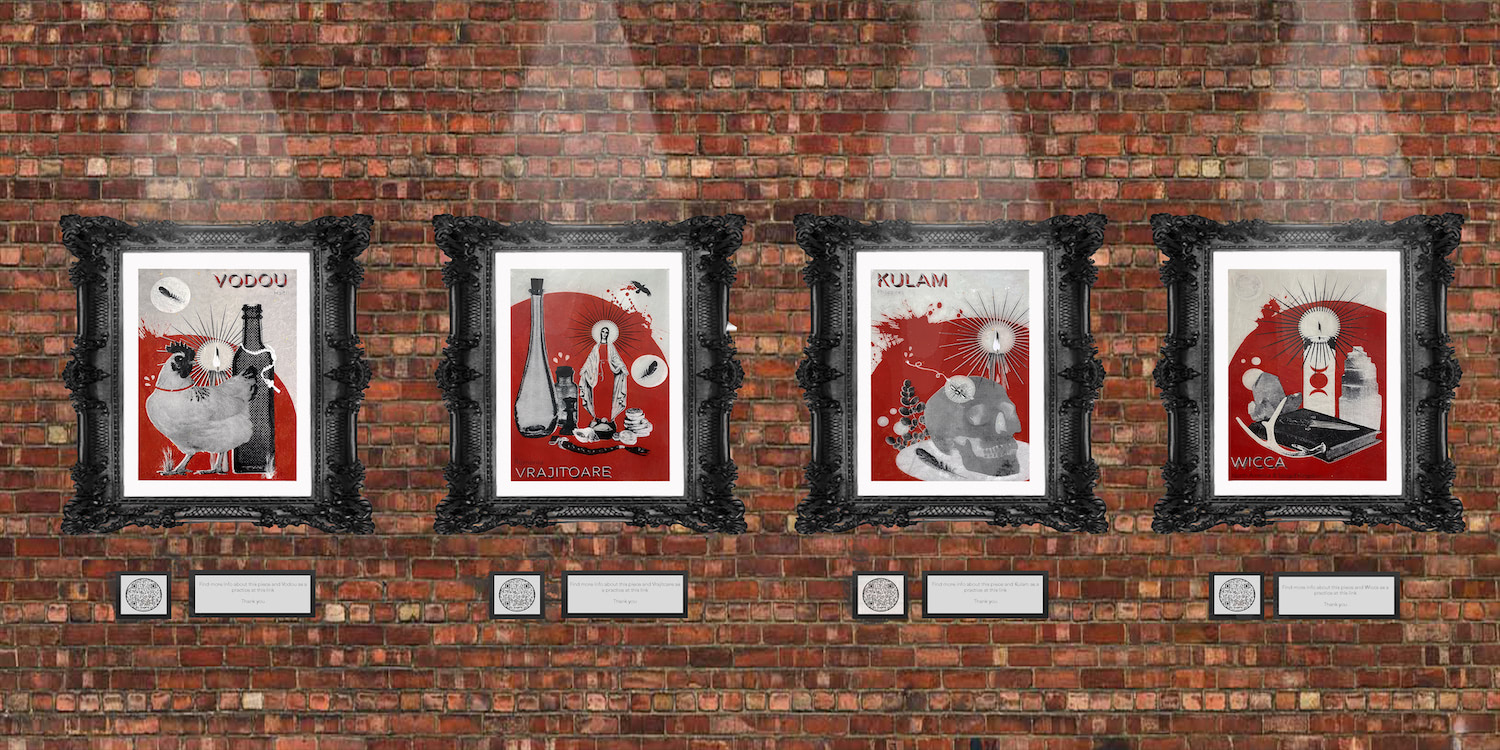 A brick wall with four black frames. Within the black frames are large red, white, and black prints. Above the prints are lights pointing down at the images. Below the frames there are QR codes and a note telling the viewer to find more information on the website the code displays.