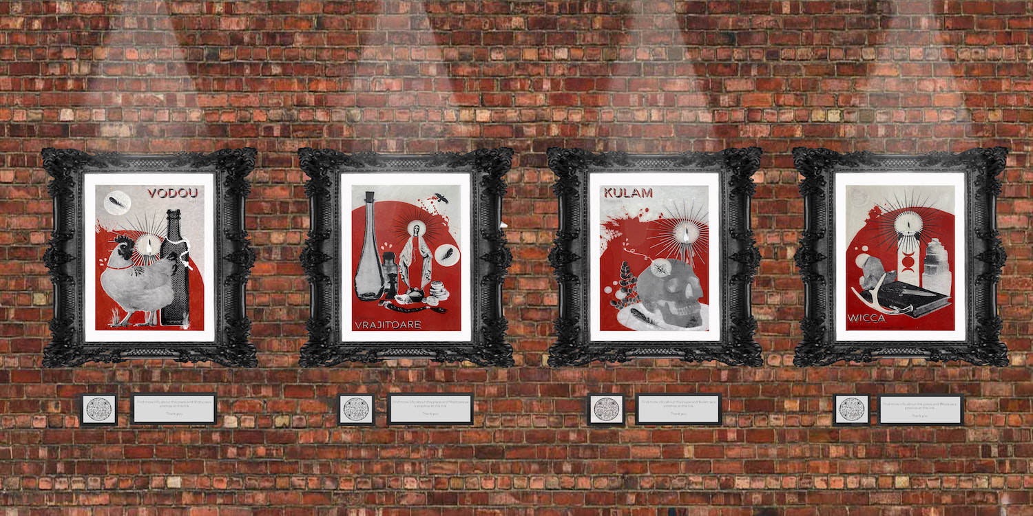 A brick wall with four black frames. Within the black frames are large red, white, and black prints. Above the prints are lights pointing down at the images. Below the frames there are QR codes and a note telling the viewer to find more information on the website the code displays.