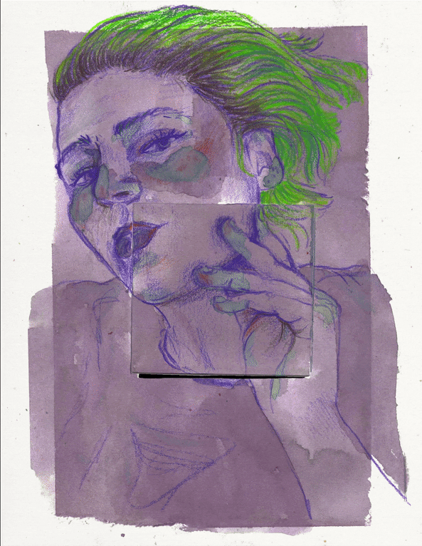 A portrait of the artist in purple ink and green colored pencil with a tab that flips open to reveal imaging from the artist's endoscopy and biopsy procedures.