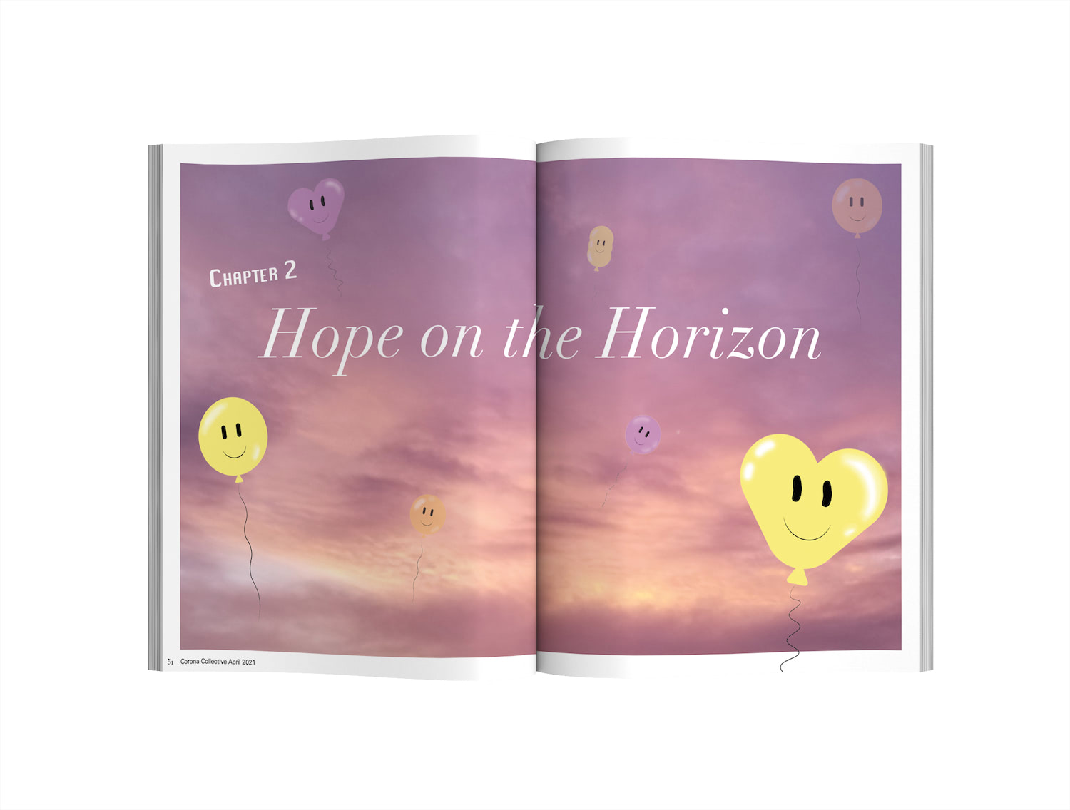 The chapter reads: Chapter 2, Hope on the Horizon. The image is a purple and yellow sky that could be either sunset or sunrise and shows the sun peeking through the clouds. On top of this, there are yellow, orange, and light purple balloons floating through the sky image with smiley faces on them. The balloons are either in the shapes of hearts, typical circles, or obscure shapes. The mood is dreamy and hopeful.