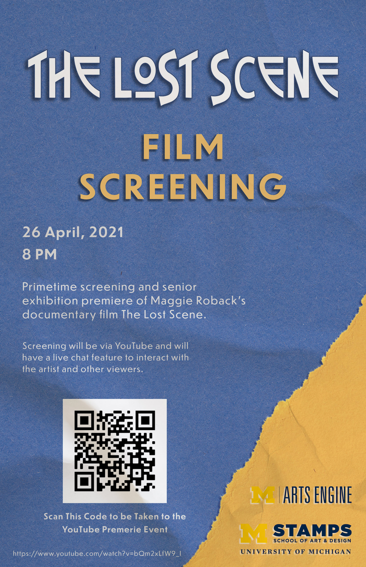 Information for a film screening typed on textured construction paper