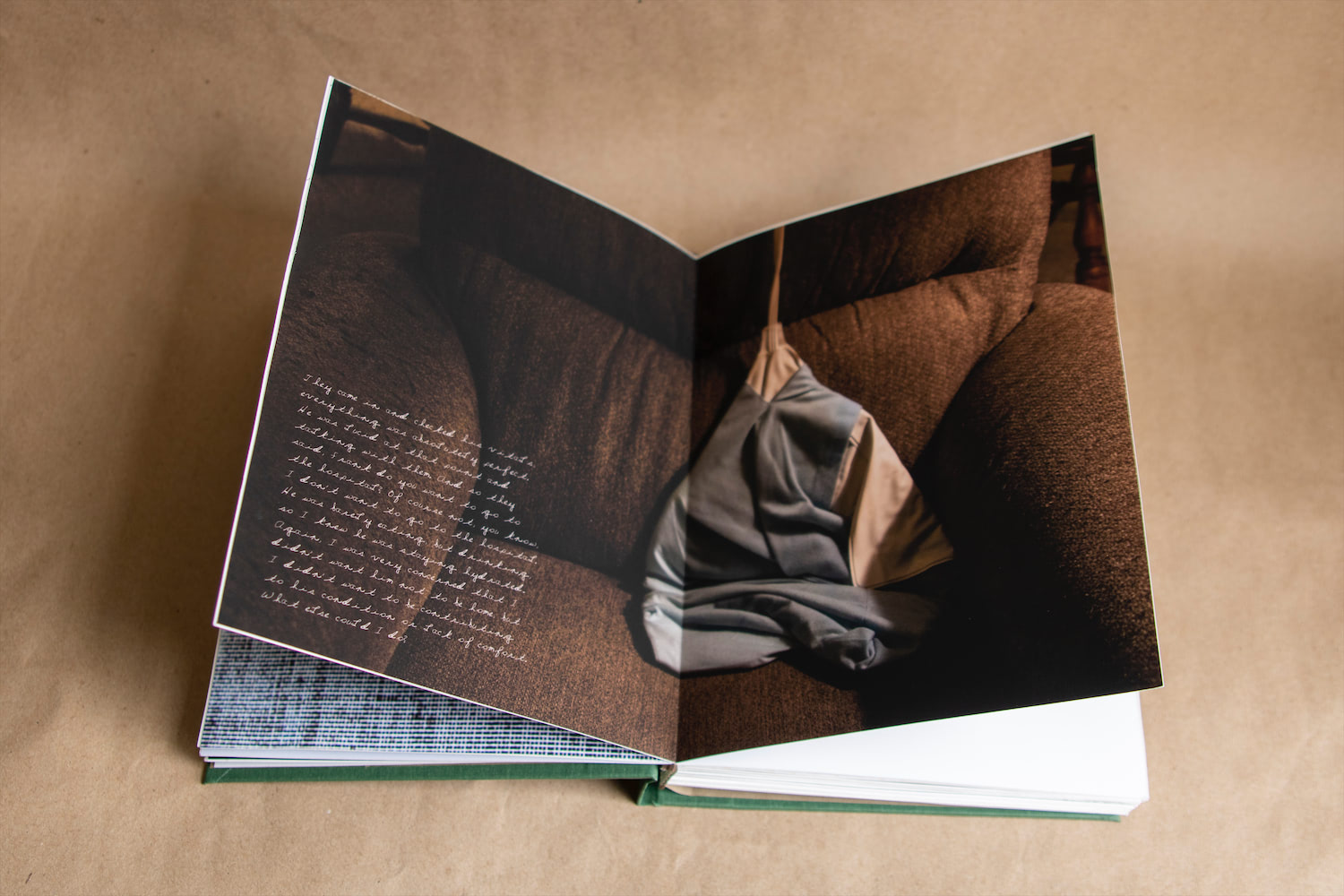 An opened spread of a book showing an image of a chair and heating pad with handwriting text at the bottom.