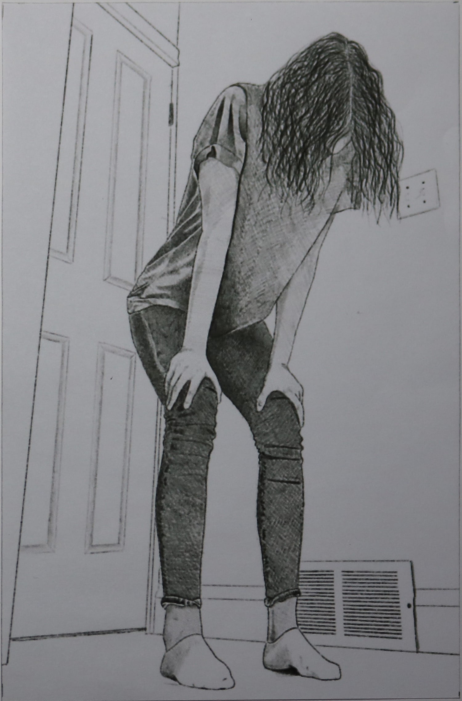 Illustration of a girl bending down with her hands on her knees and head hanging forward.