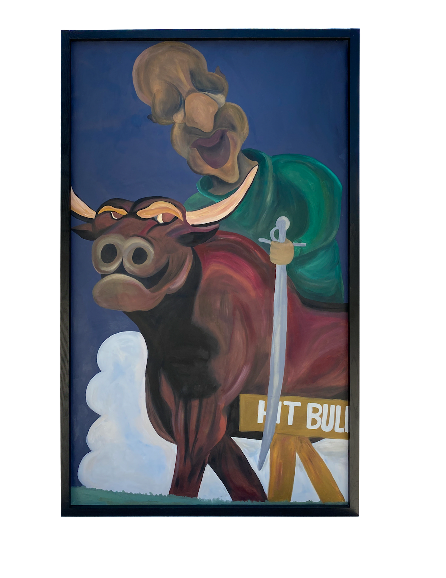 An abstracted painting of a Black figure conquering the billboard-style bull downtown Durham late in the midnight hour.