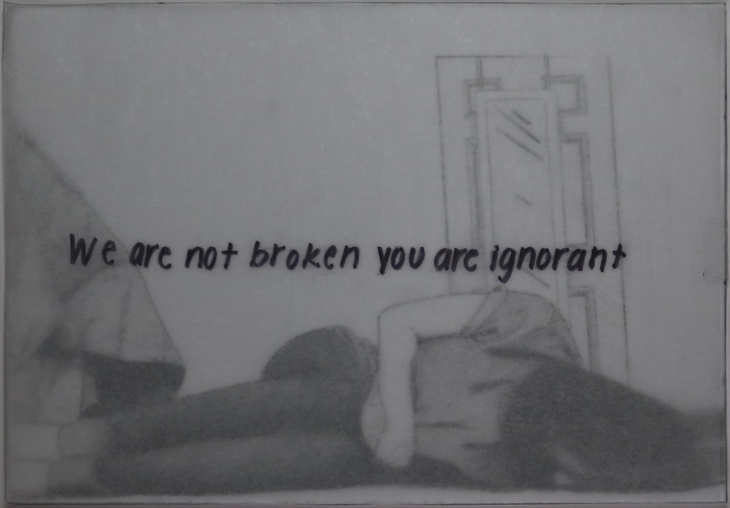Illustration of a woman laying on the floor with tracing paper over top with words that read 