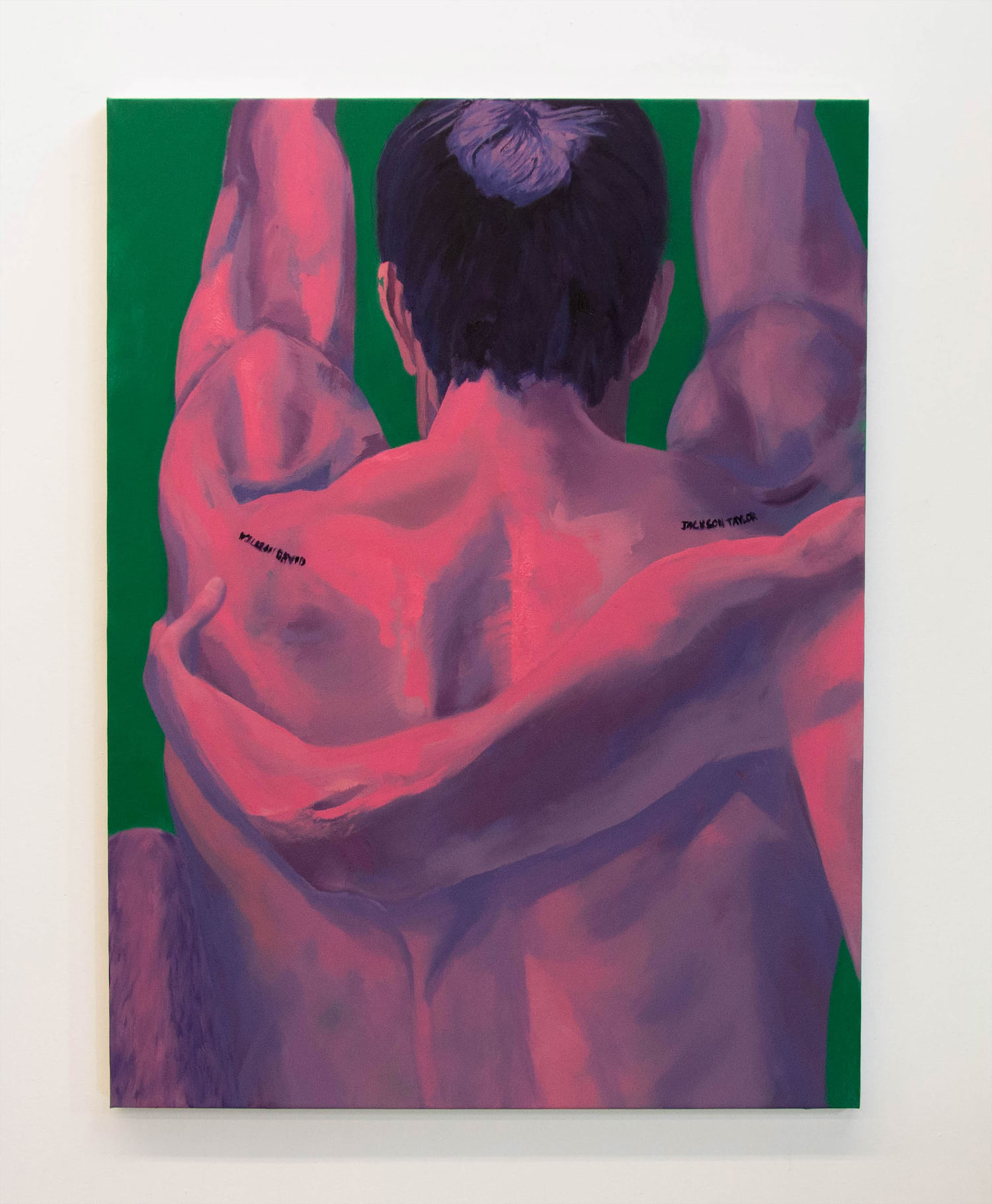 This image displays a body composed of pinks and purples in a vast green space. The oil painting depicts a close up of a man with his arms stretched overhead. The majority of the canvas is filled by the man's back with a leg in the bottom left corner emerging. A mysterious third arm reaches across the man's back and hooks around, almost as if to hug the man with outstretched arms.
