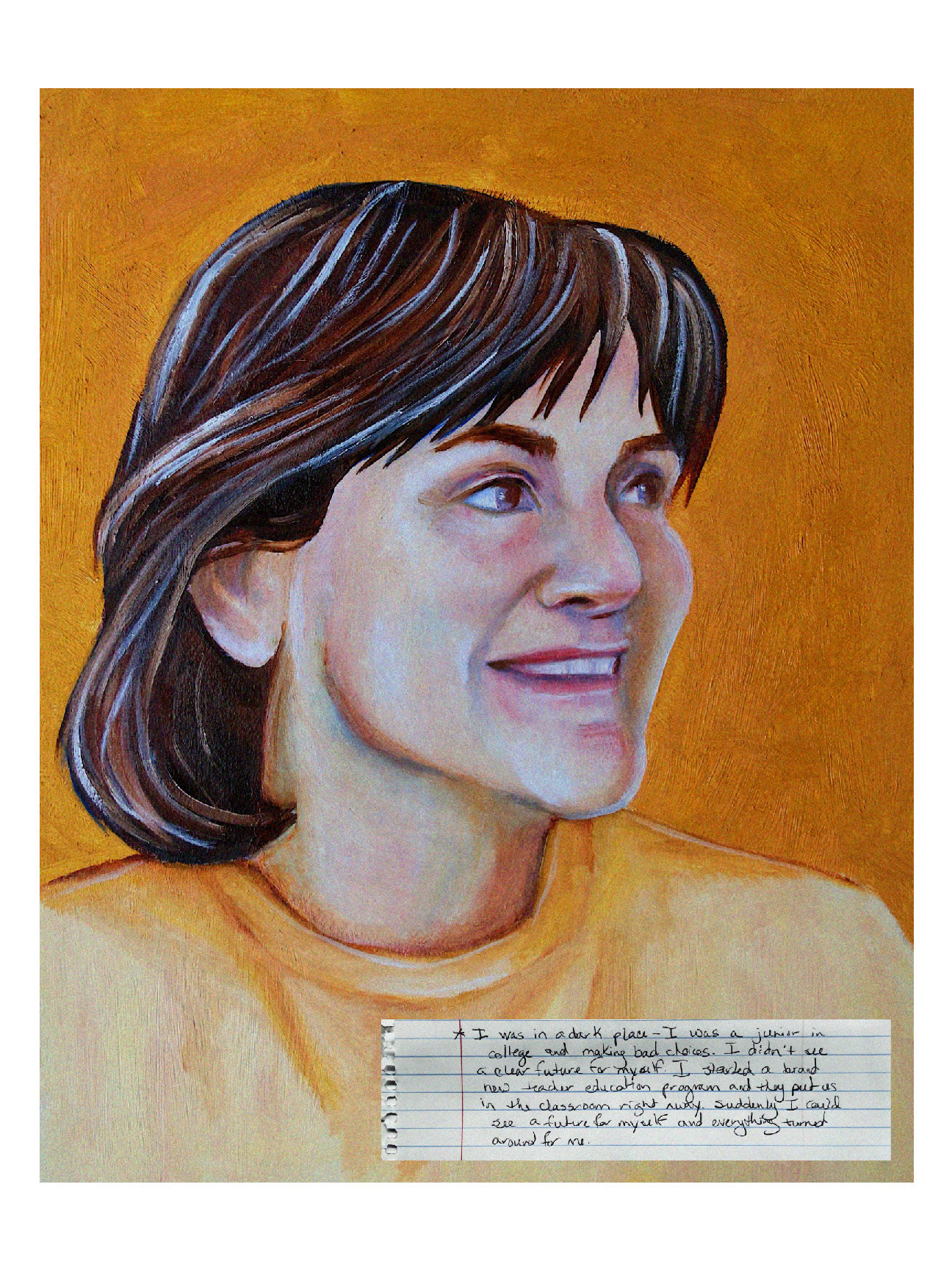A painting of my mom, a brunette with bangs, looking to the right with a grateful smile.
