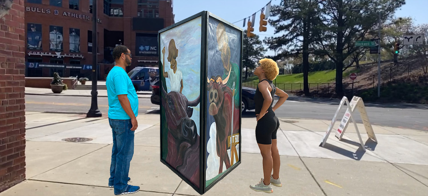 A three dimensional monument with three large abstracted paintings of black figures interacting with the historical landmarks of Durham, NC.