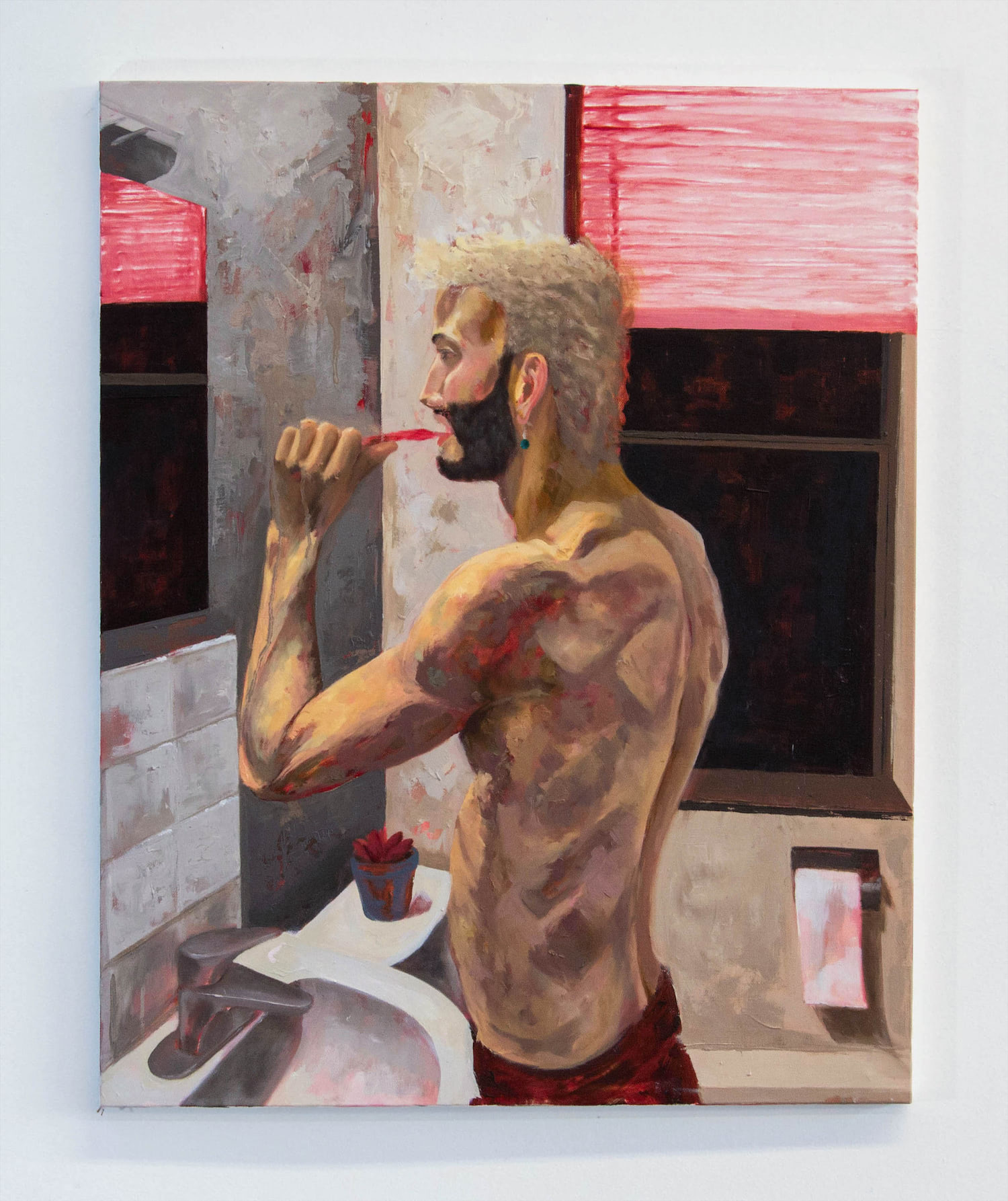 This image depicts a vertical figurative oil painting of the artist himself. He stands in front of a mirror, brushing his teeth. The man's body fills a large portion of the image. It is painted with rich textures as deep reds from the underpainting shine through.