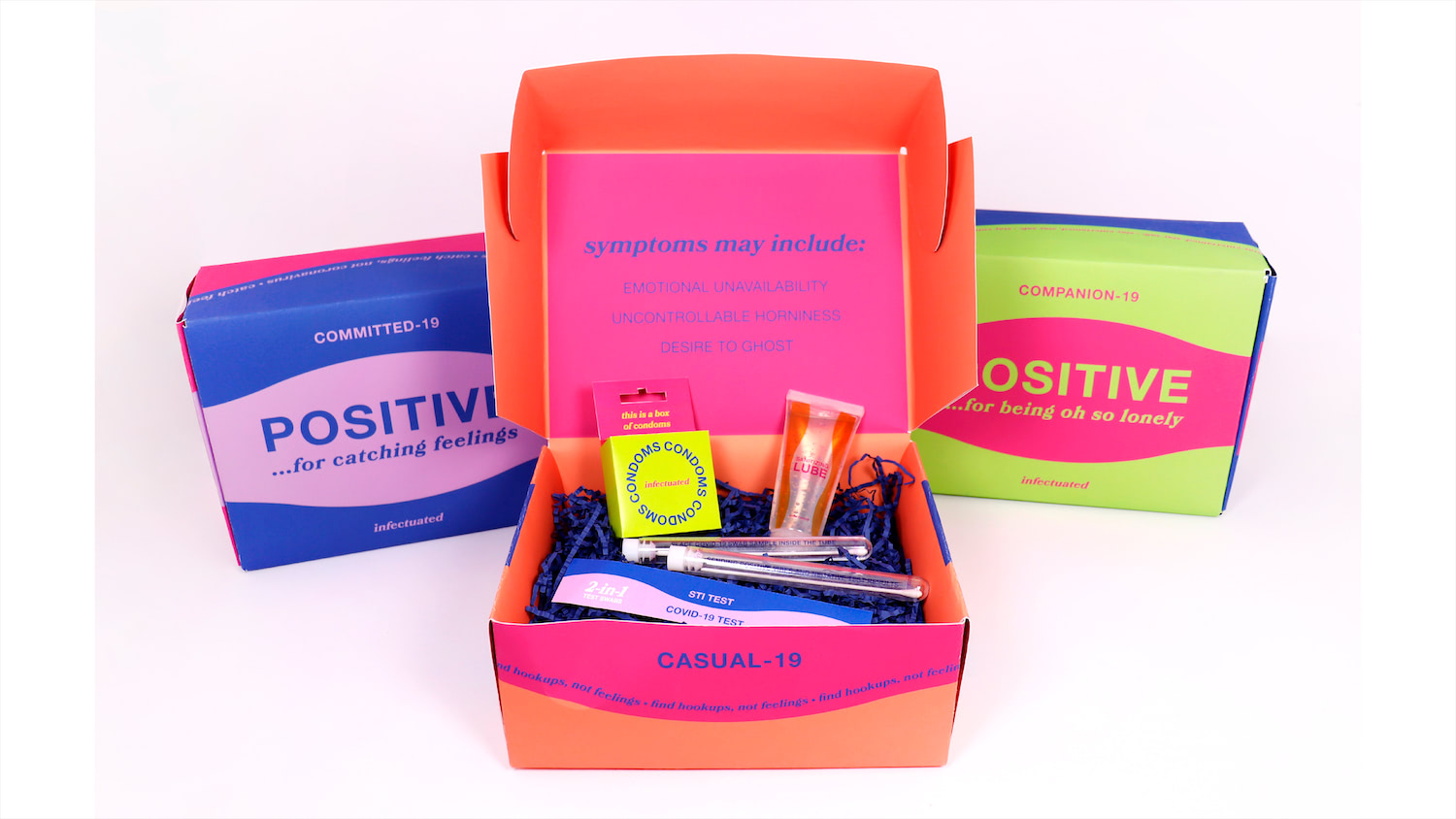 The interior of the product packaging for Infectuated's CASUAL-19 package. The package contains three products: condoms, sanitizing lube, and 2-in-1 COVID-19 / STI test swabs. The inside of the box reads: 