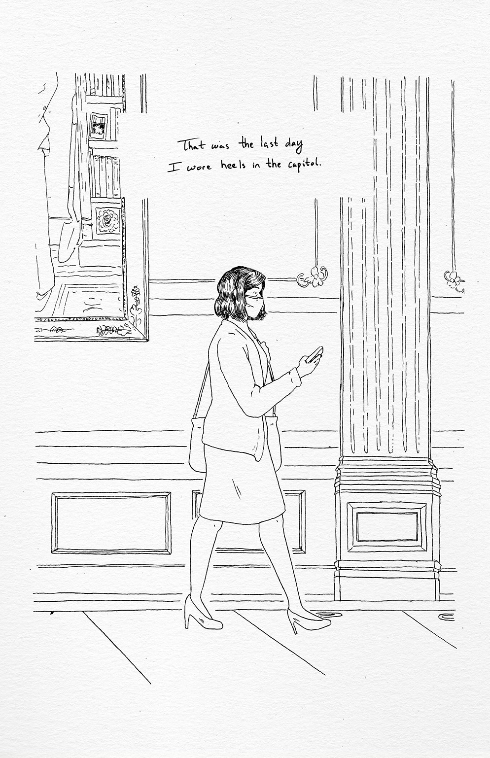 State Representative Laurie Pohutsky is shown walking in the Michigan Capitol building, passing a painting of a past governor and an elegant column while she looks at her phone, her other hand holding onto her bag. She is a short woman with hair that barely touches her shoulders. She is wearing a dress that goes down to her knees, a sweater, high heels, and a cloth mask that covers her face up just past her nose. “That was the last day I wore heels in the capitol,” she says, framing the story to follow.