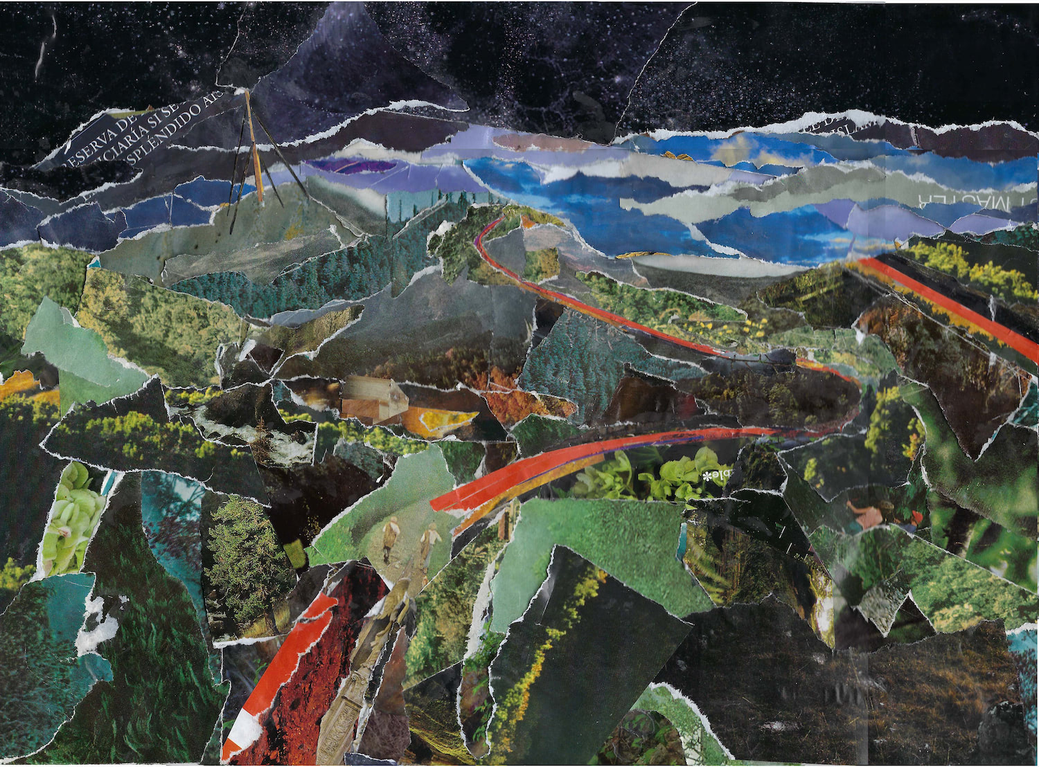 A mountain with dense foliage, a red road goes through the hills. Nighttime, paper collage.