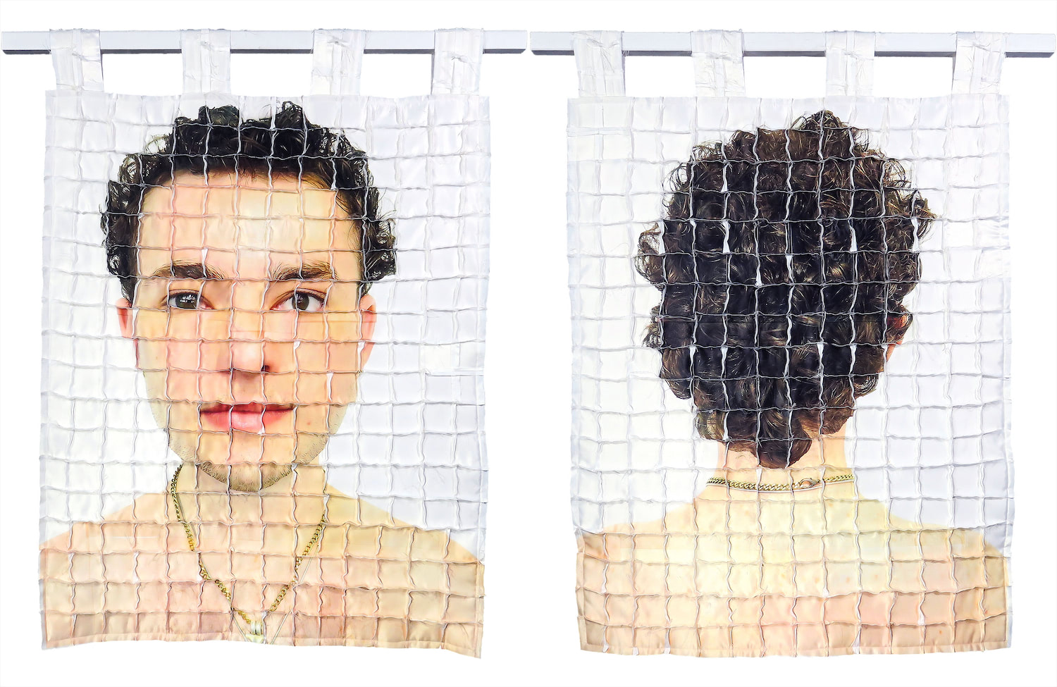 Left: Front side of quilt #1 with the artist's face distorted by a gridded system of seams that are sticking out. Right: Back side of quilt #1 with the back of the artist's head and shoulders distorted by a gridded system of seams that are sticking out.