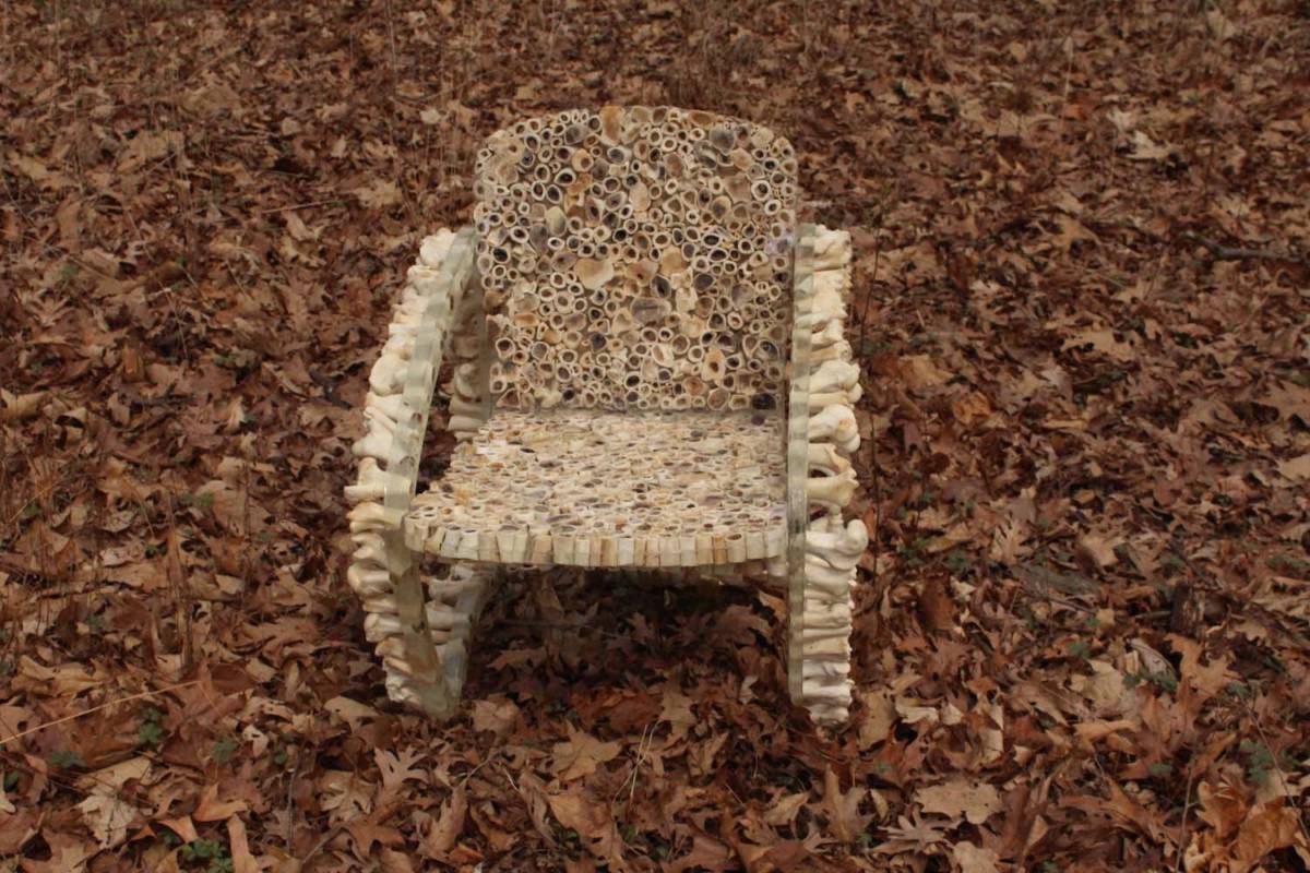 An image of the Bone Chair in a forest among the leaves and natural debris on the ground.