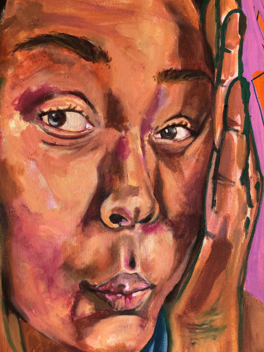 This is a close up picture of the portrait on the left of the work