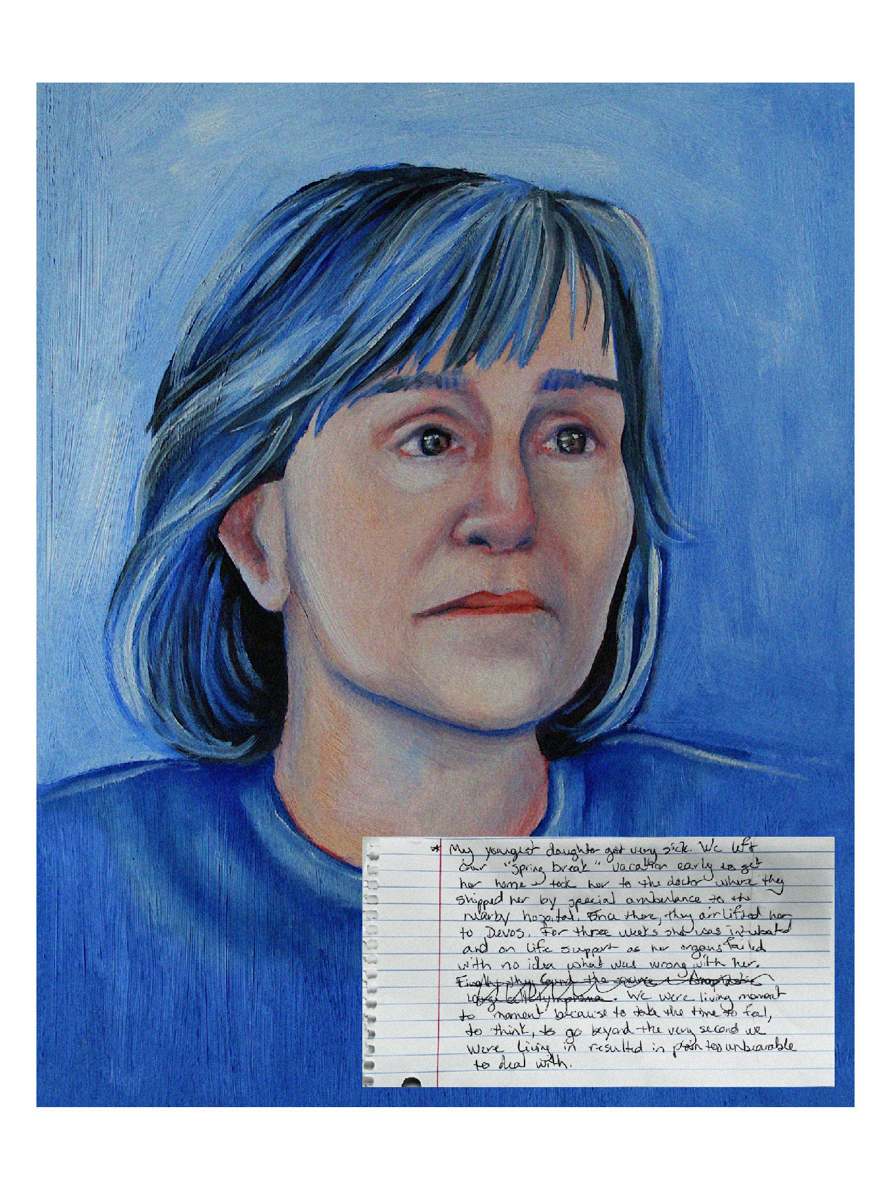 A painting of my mom, a brunette with bangs, looking blue and numbly off into the distance.