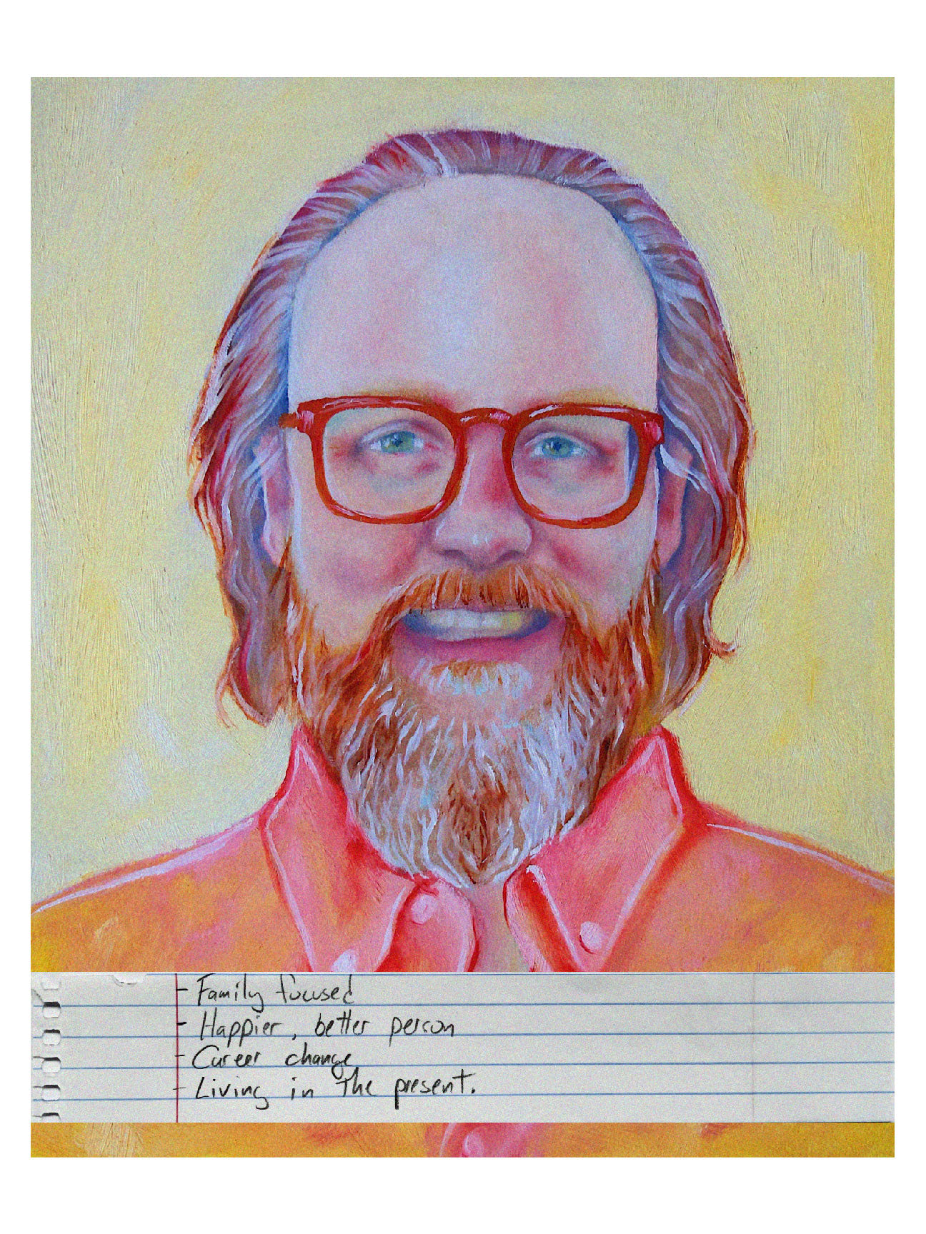 A painting of my dad, a man with a red beard and glasses, looking straight at the viewer with a bright and happy look on his face.