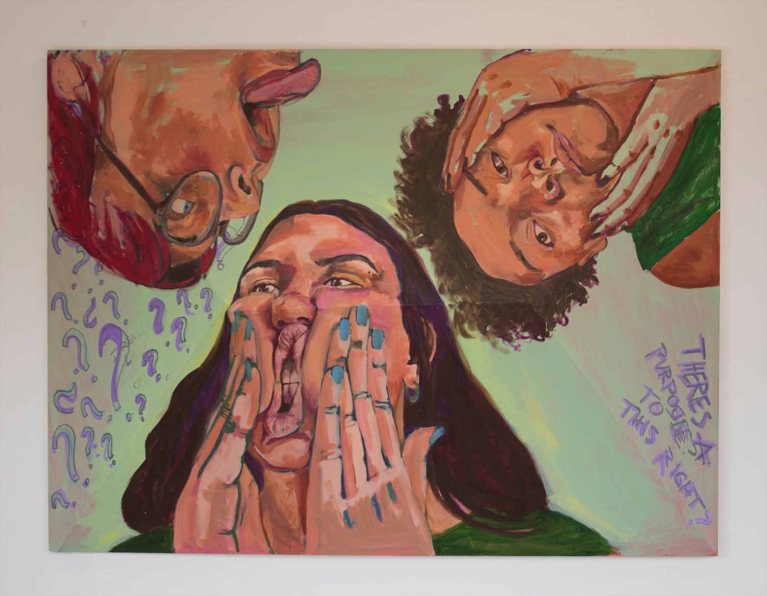 This work has a three demential frame with a soft green background and three figures with vivd facial expressions. One is sticking their tongue out, another is squishing their face and lips with their hands, and lastly the third figure is caressing their face looking forward to the viewer. The background shows question marks painted in purple and the question 
