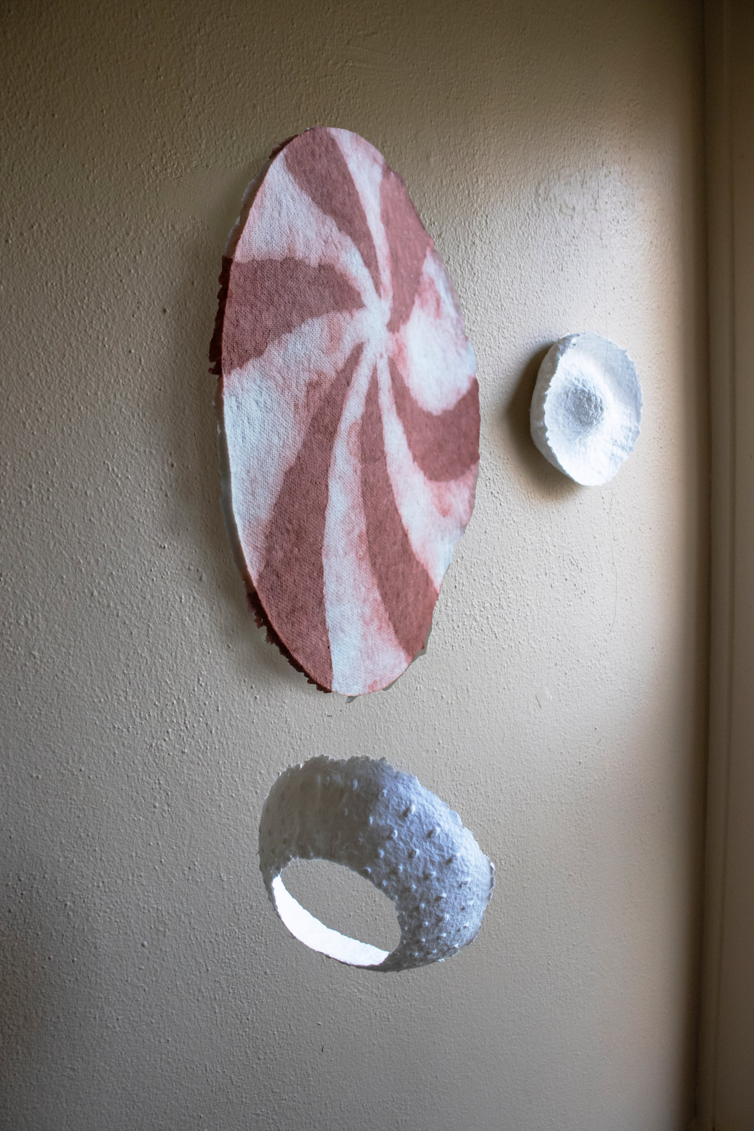Angled view of multiple floating paper objects. Circular objects and motion. Red and white palette. Surreal Reality.