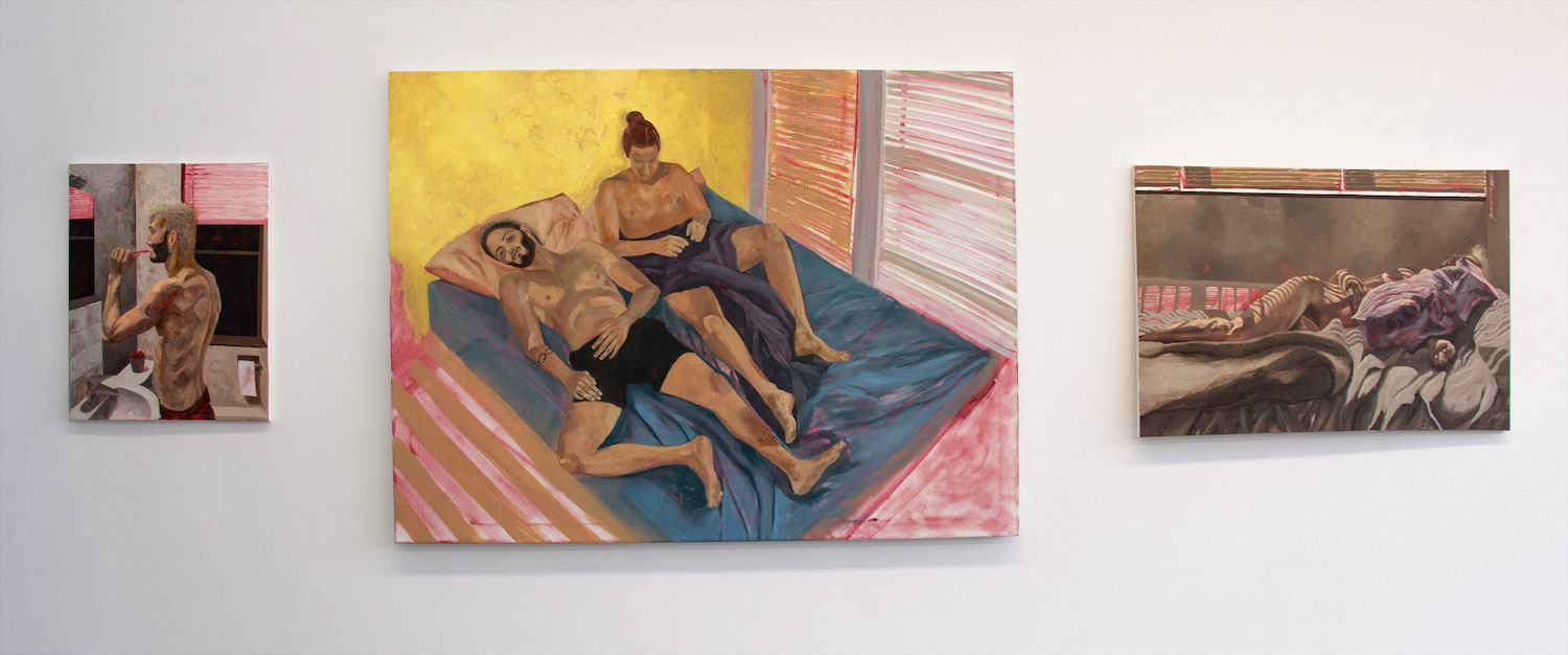 This image displays a series of 3 figurative oil paintings ranging from small to large scale. In each is a depiction of the artist himself, with deep reds and pinks of the underpainting shining through. The vertical one on the left, the smallest of the three, shows a man brushing his teeth, staring in the mirror. The man's body fills almost the entire image and is depicted with rich textures. The center horizontal painting portrays two men barely touching and laying in bed together from a high angle. One of the men is making eye contact with the viewer, inviting them into his world of intimacy and vulnerability. In the third horizontal painting lies a man fully in the nude with his face covered by a pillow. The angle is straight on, raising questions of voyeurism, yet the pose is one of sensuality.