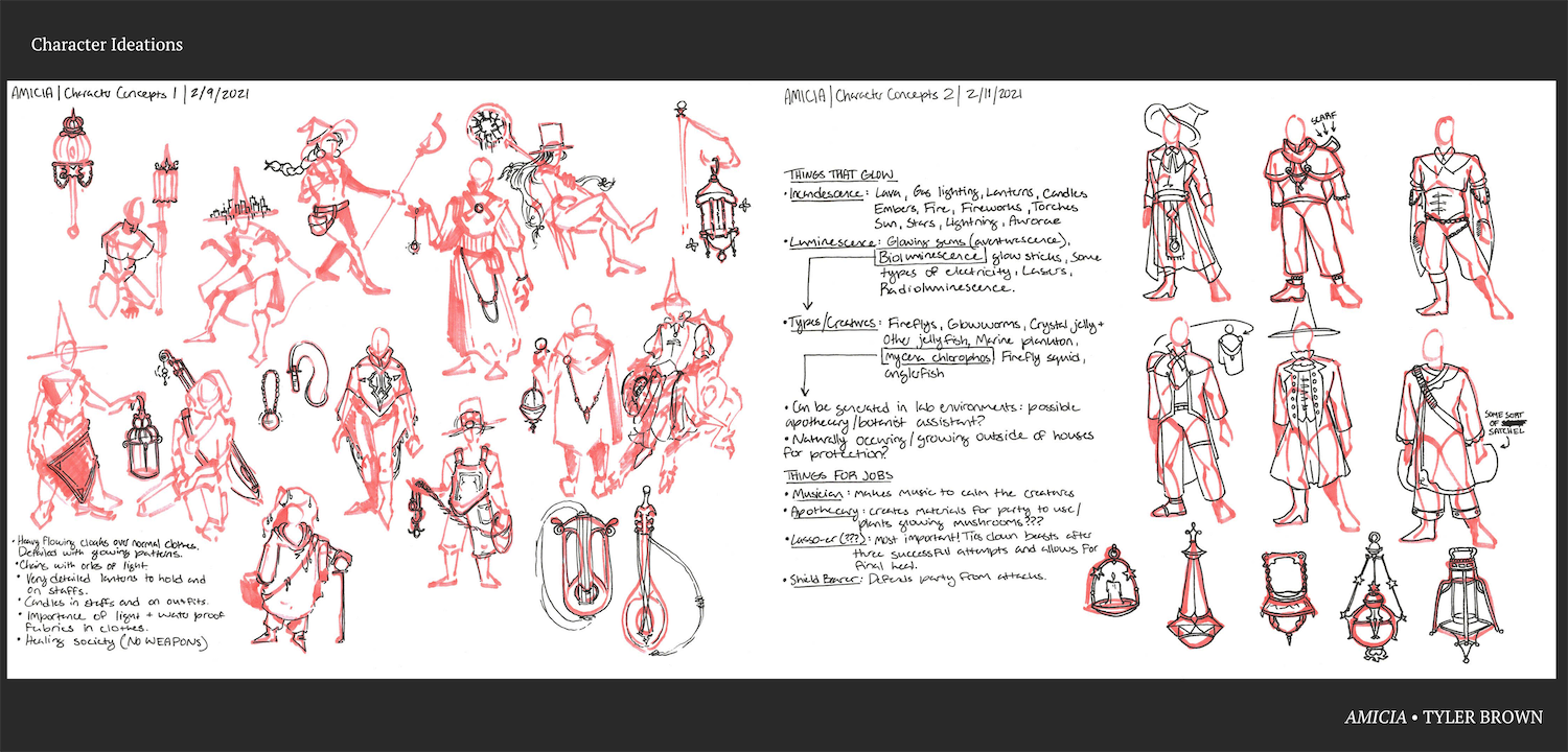 ID: Two scanned paper documents depicting the first collection of character design thumbnails are aligned on a dark gray background. On the left, the characters are drawn haphazardly all over the page and on the right character designs are more finalized and organized into a 3x2 grid. Both collections of characters are drawn loosely in orange marker and details are finalized with black pen. There are handwritten research notes on naturally occurring light sources written throughout.

End ID.