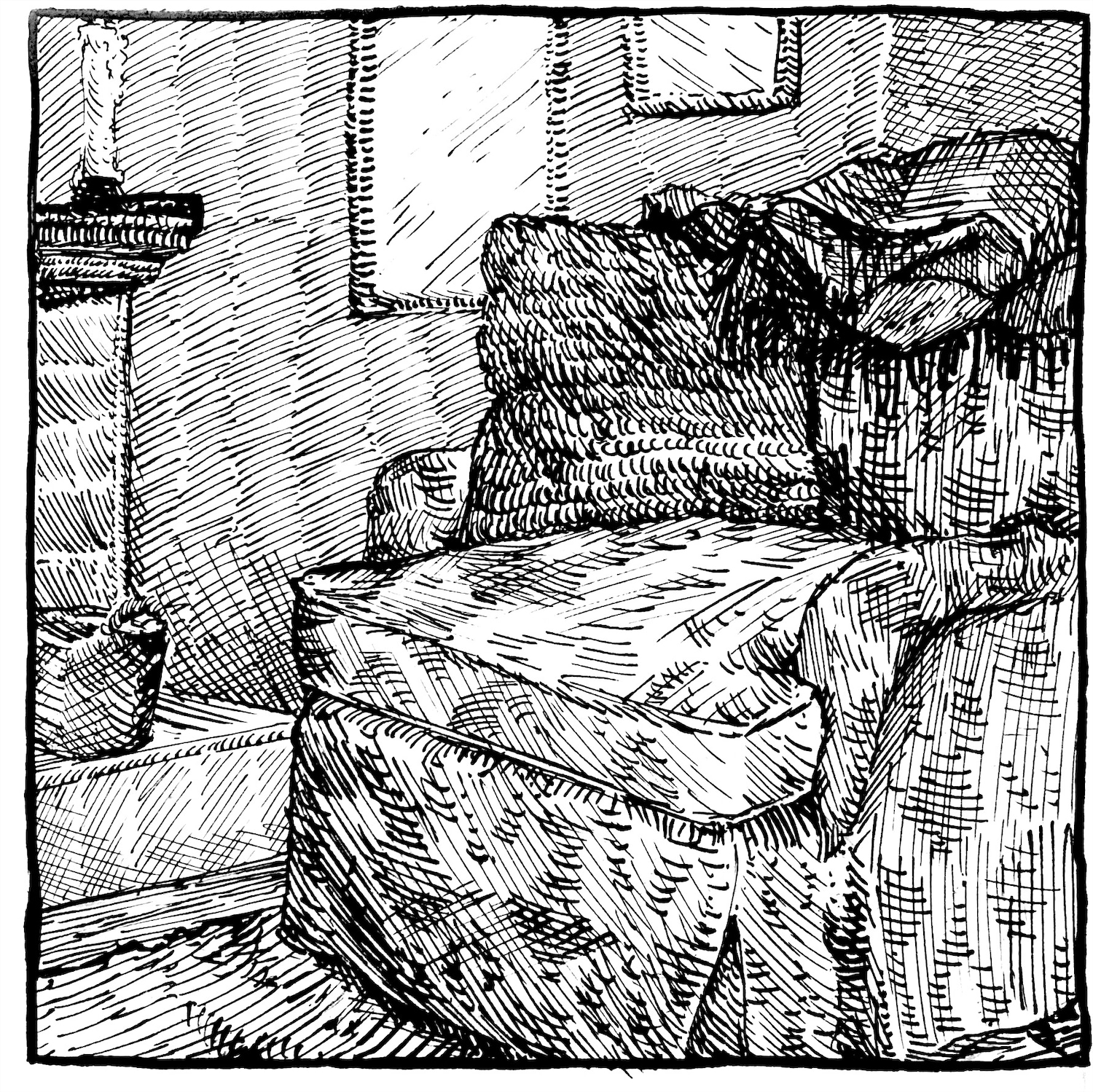 A square pen-and-ink crosshatched illustration of a patterned loveseat with a pillow and a blanket draped over it in a cozy room.