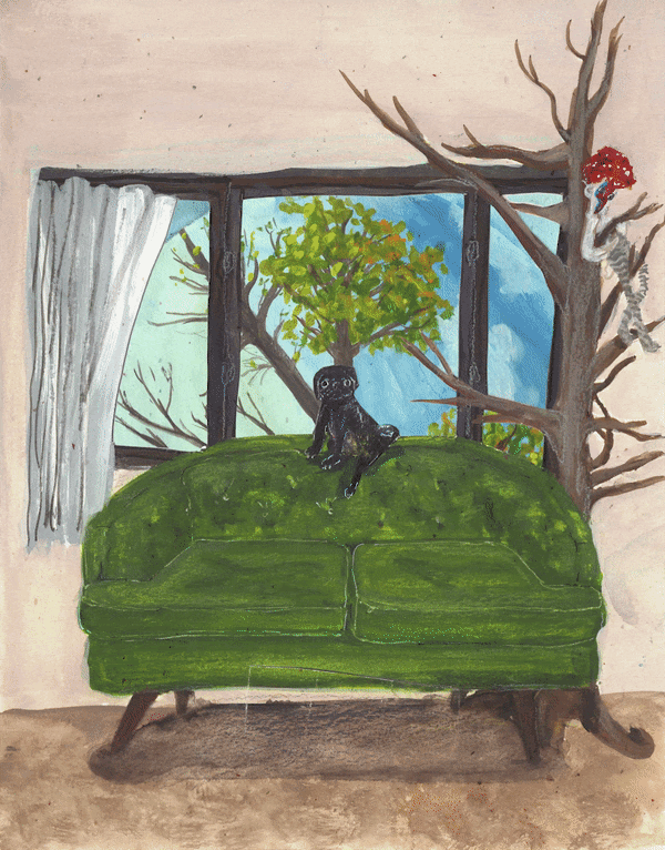 A painting of a black pug sitting on a green couch in front of a window showing trees. A tab pulls open from the bottom of the couch to reveal a spinner and the words 
